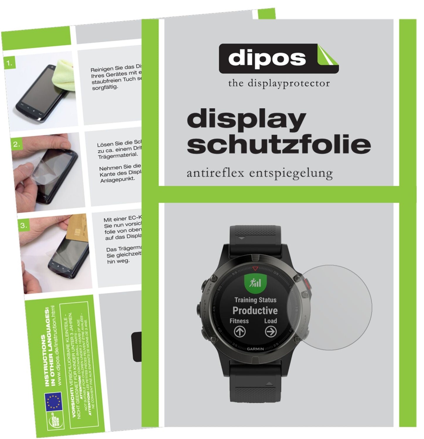 Matte Displayschutzfolie von dipos passend für Garmin Fenix 5, präziser Zuschnitt und blasenfrei montiert