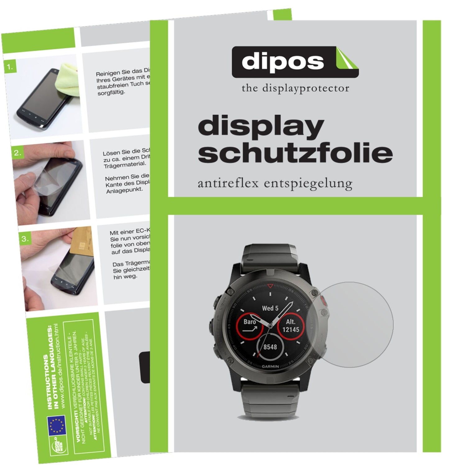 Matte Displayschutzfolie von dipos passend für Garmin Fenix 5X, präziser Zuschnitt und blasenfrei montiert