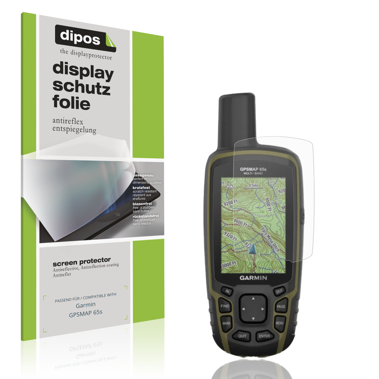 Matte Displayschutzfolie von dipos passend für Garmin GPSMAP 65s, präziser Zuschnitt und blasenfrei montiert