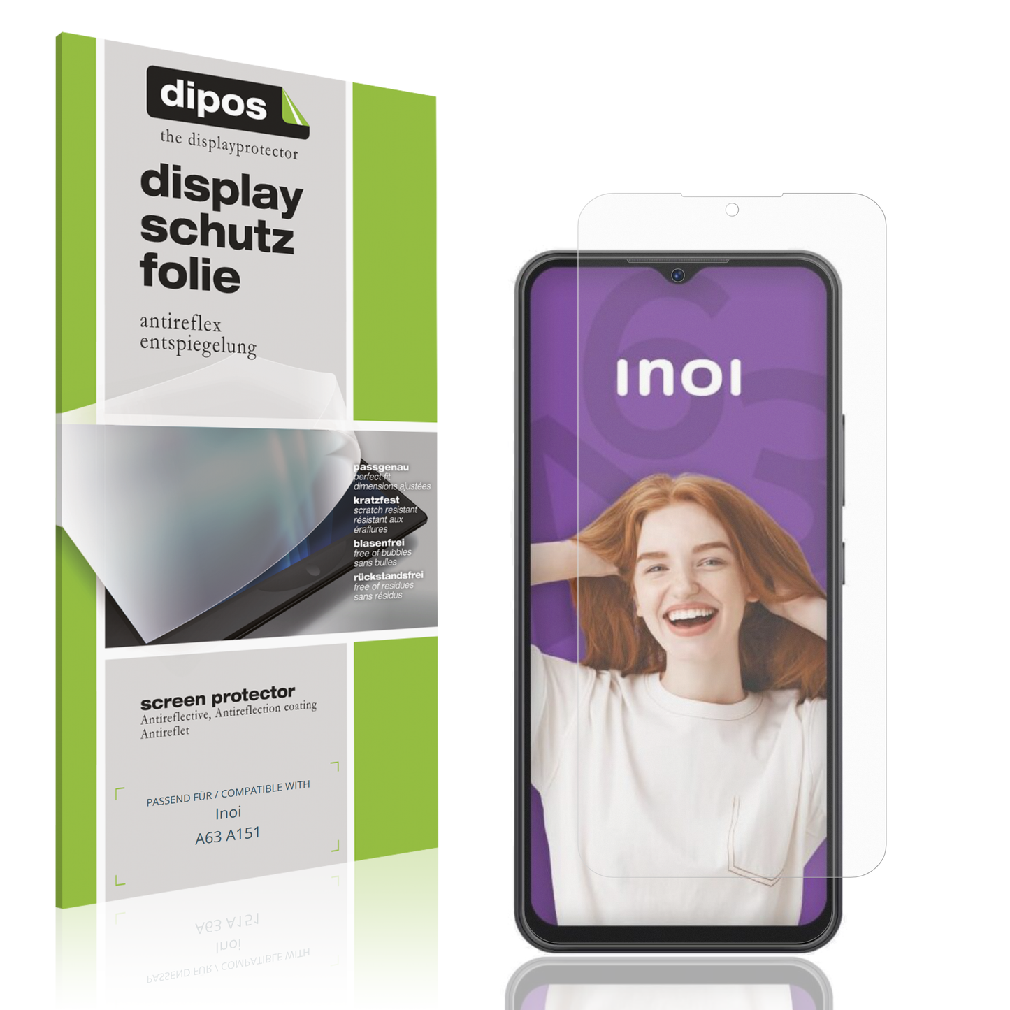 Matte Displayschutzfolie von dipos passend für Inoi A63 A151, präziser Zuschnitt und blasenfrei montiert