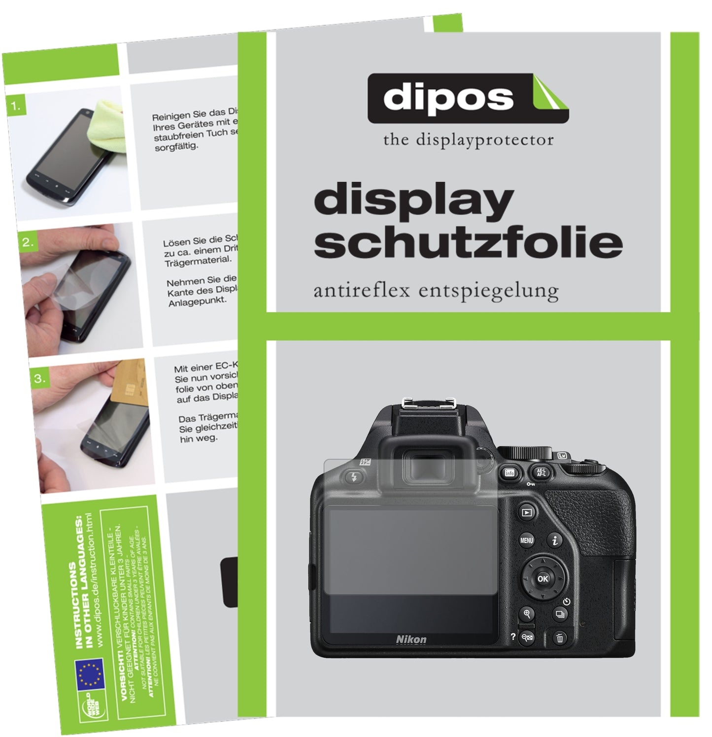 Matte Displayschutzfolie von dipos passend für Nikon D3500, präziser Zuschnitt und blasenfrei montiert