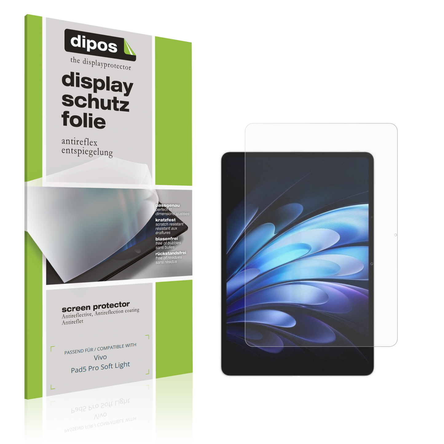Matte Displayschutzfolie von dipos passend für Vivo Pad5 Pro Soft Light, präziser Zuschnitt und blasenfrei montiert
