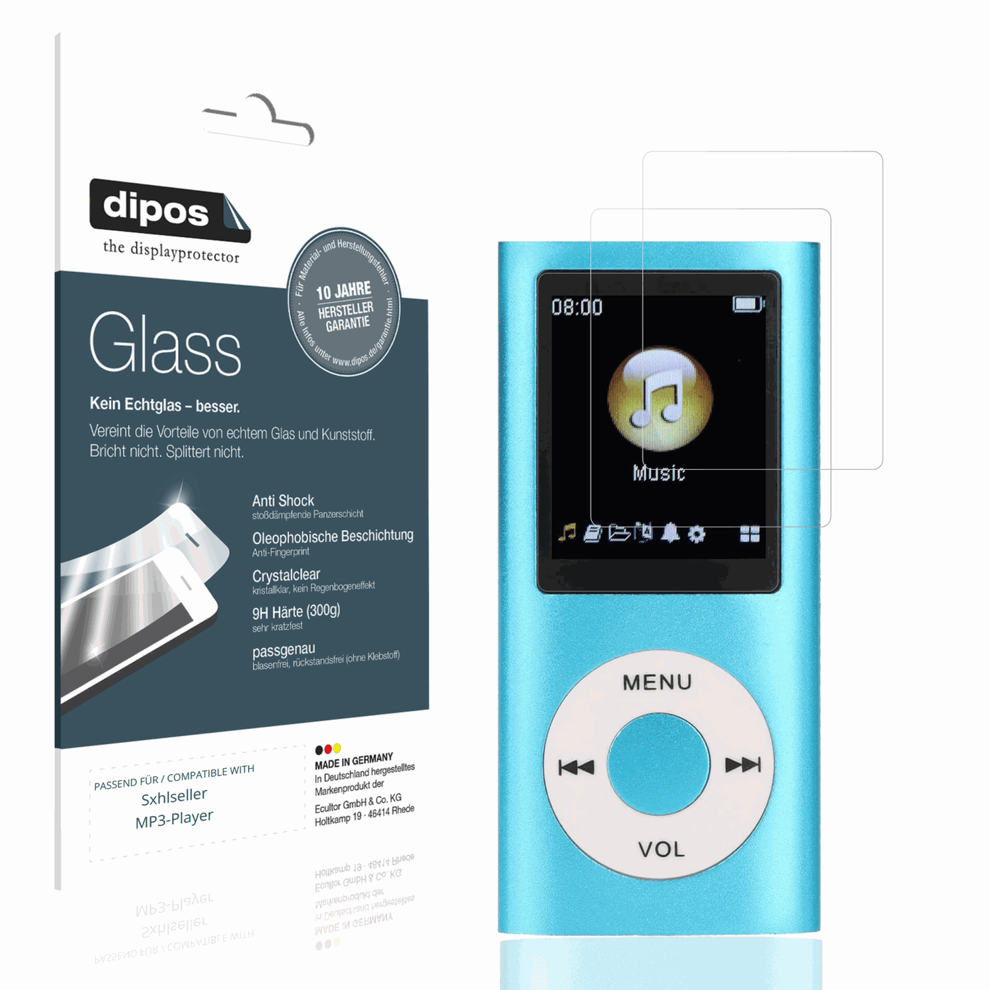 Klare Displayschutzfolie von dipos passend für Sxhlseller MP3-Player, 9H kratzfest und blasenfrei montiert