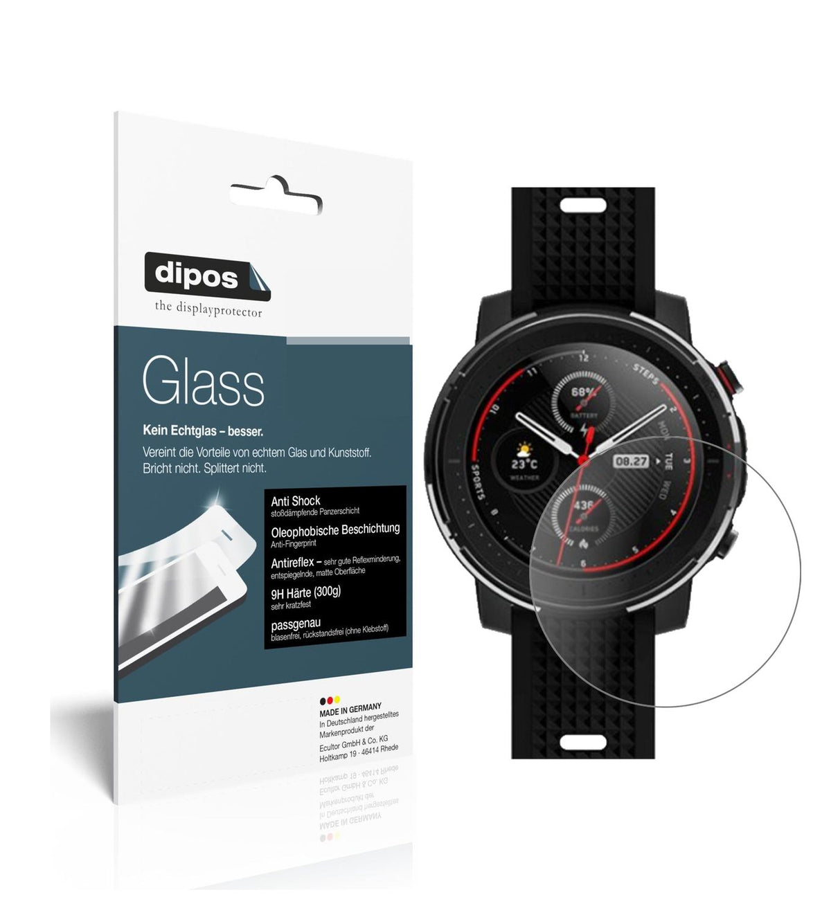 Matte Displayschutzfolie von dipos passend für Huami Amazfit Stratos 3, 9H kratzfest und blasenfrei montiert