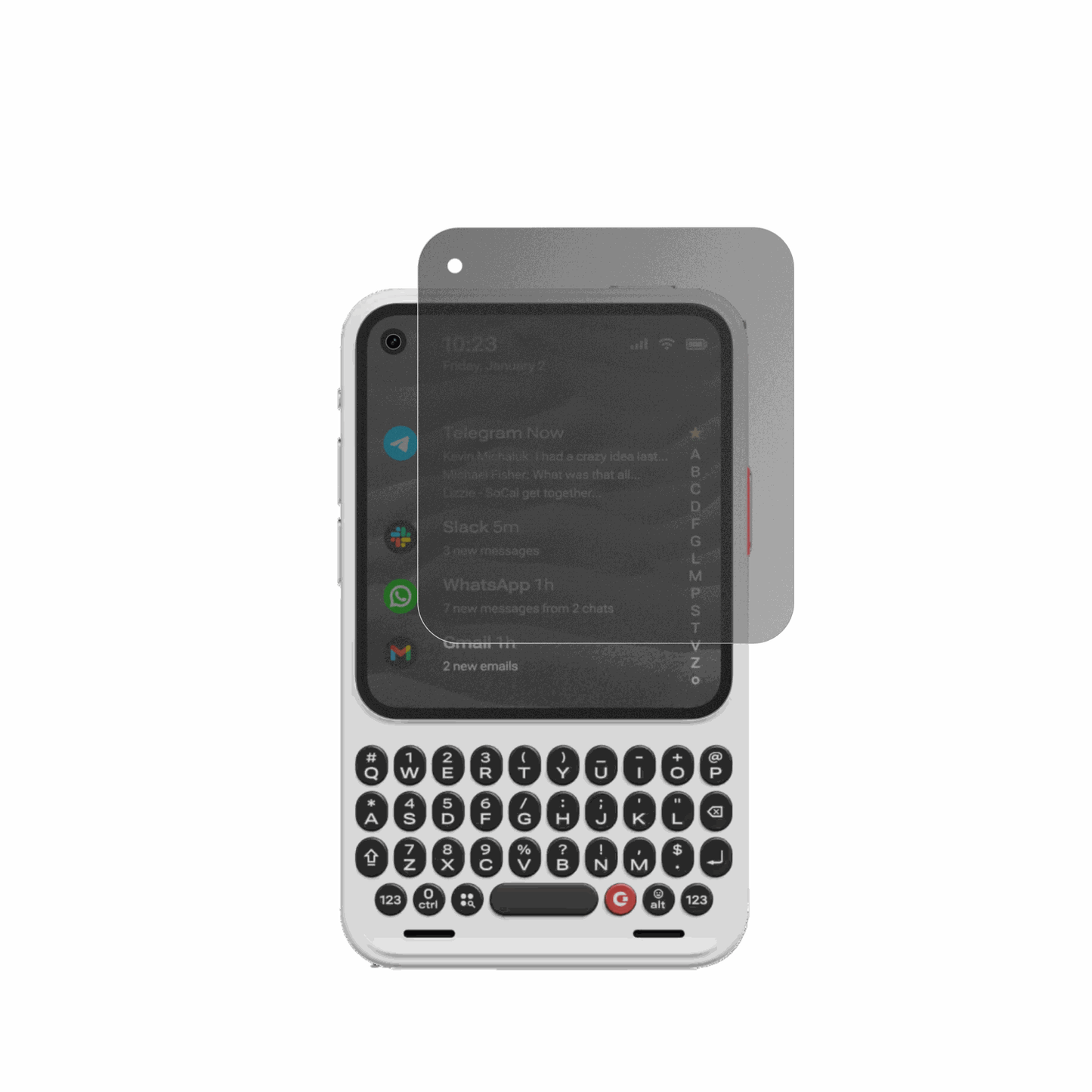 ClicksCommunicator mit aufgebrachter dipos Flex Schutzfolie, die seitliche Einblicke blockiert