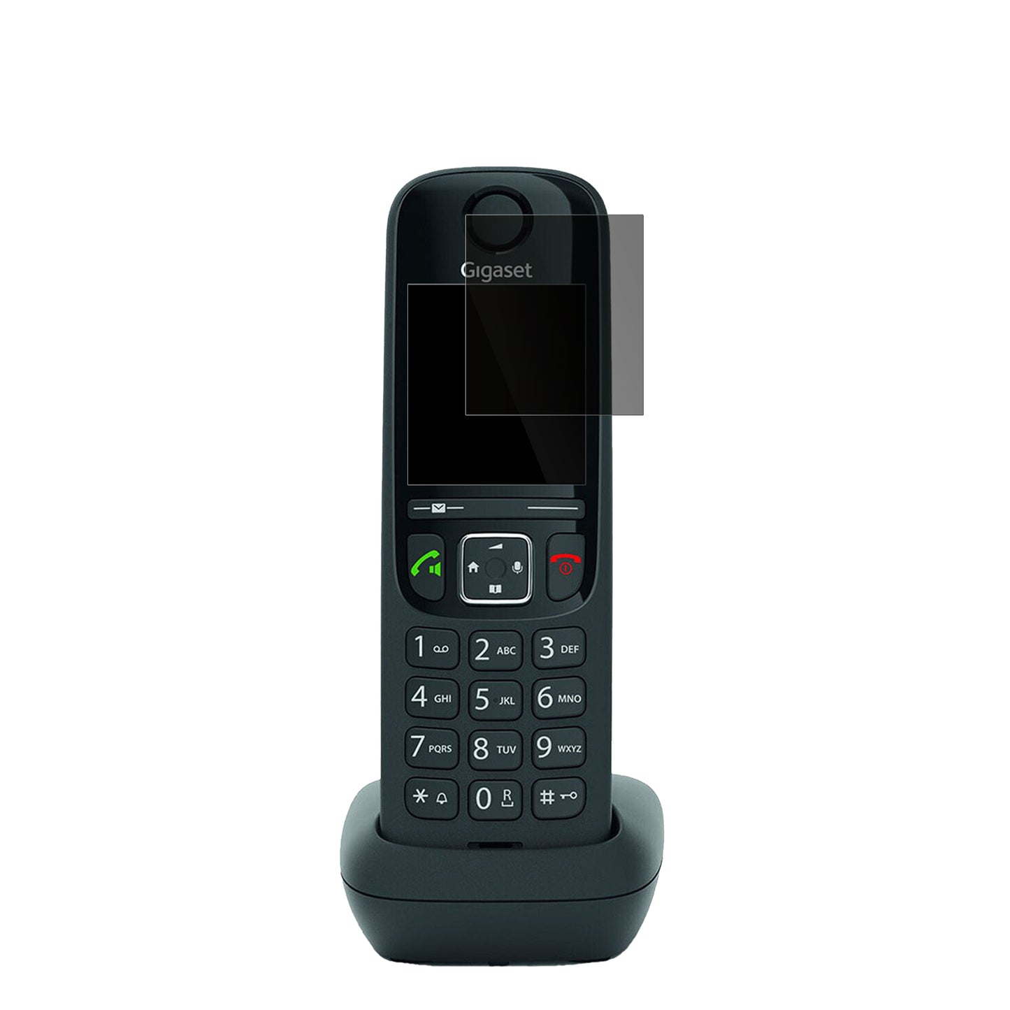 GigasetAS690 DECT Telefon mit aufgebrachter dipos Flex Schutzfolie, die seitliche Einblicke blockiert
