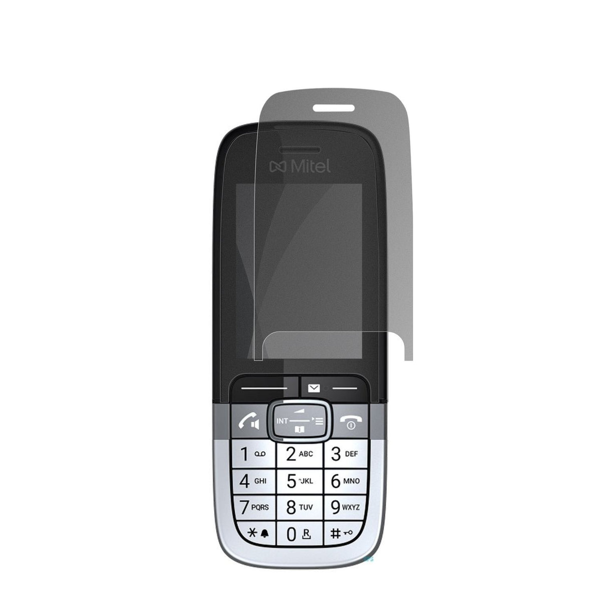MitelOpenScape DECT Phone SL7 mit aufgebrachter dipos Flex Schutzfolie, die seitliche Einblicke blockiert