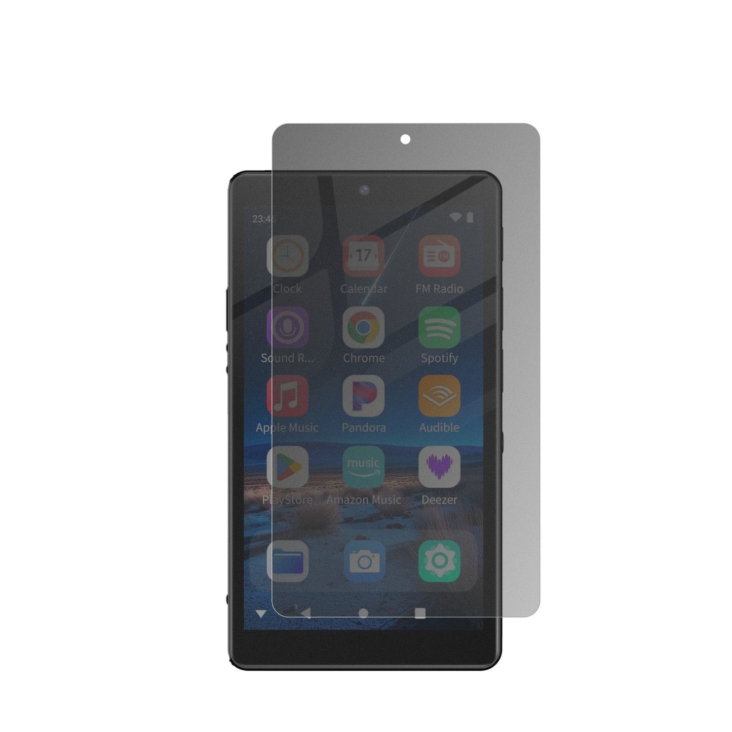 OilskyM305 MP3-Player mit aufgebrachter dipos Flex Schutzfolie, die seitliche Einblicke blockiert