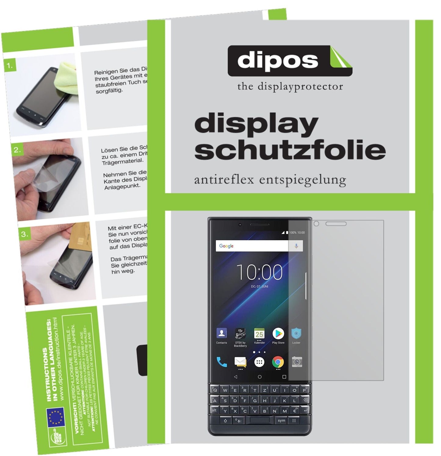 BlackberryKey 2 LE mit aufgebrachter dipos Displayschutzfolie, die lästige Fingerabdrücke minimiert