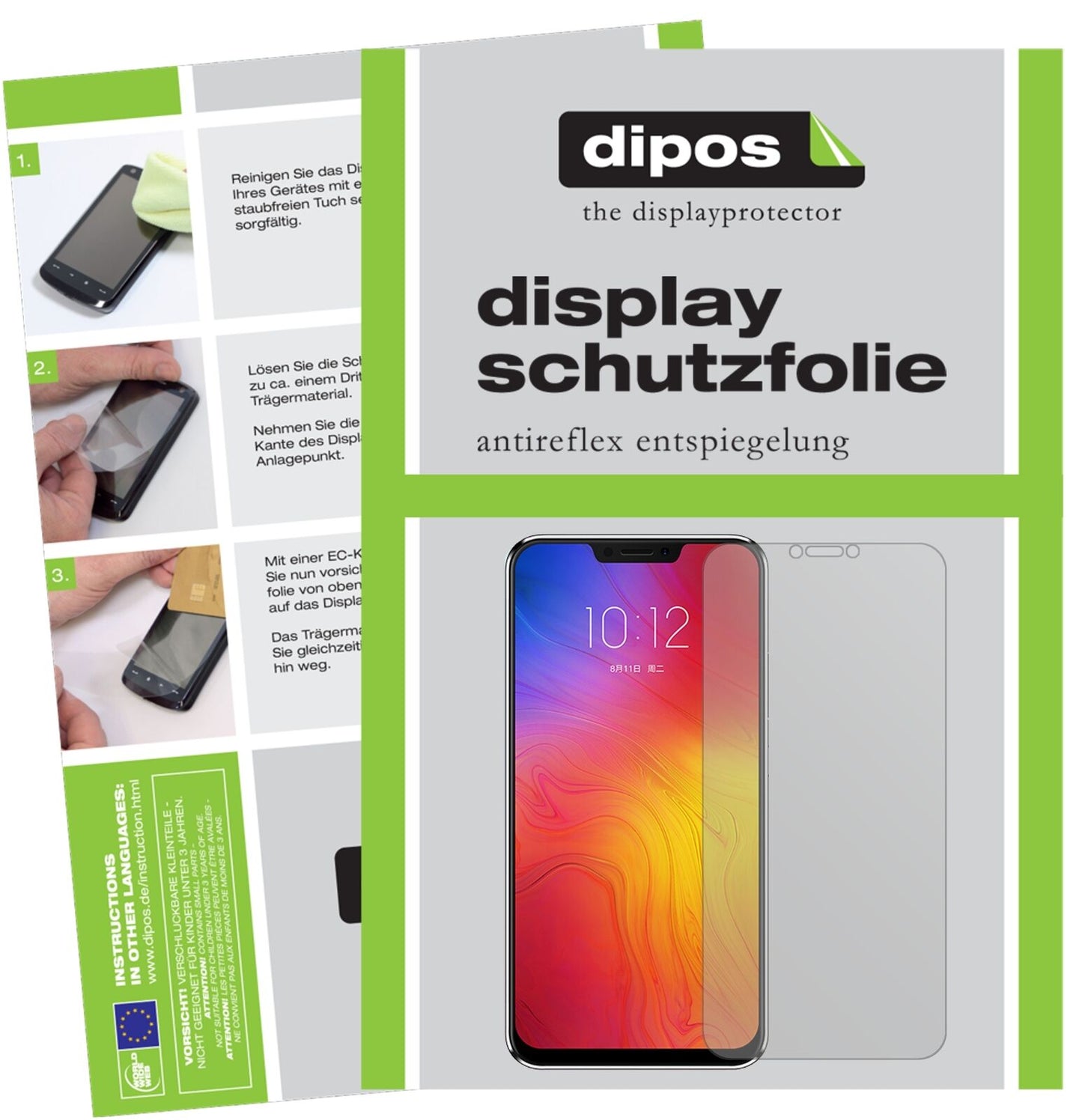 LenovoZ5 mit aufgebrachter dipos Displayschutzfolie, die lästige Fingerabdrücke minimiert