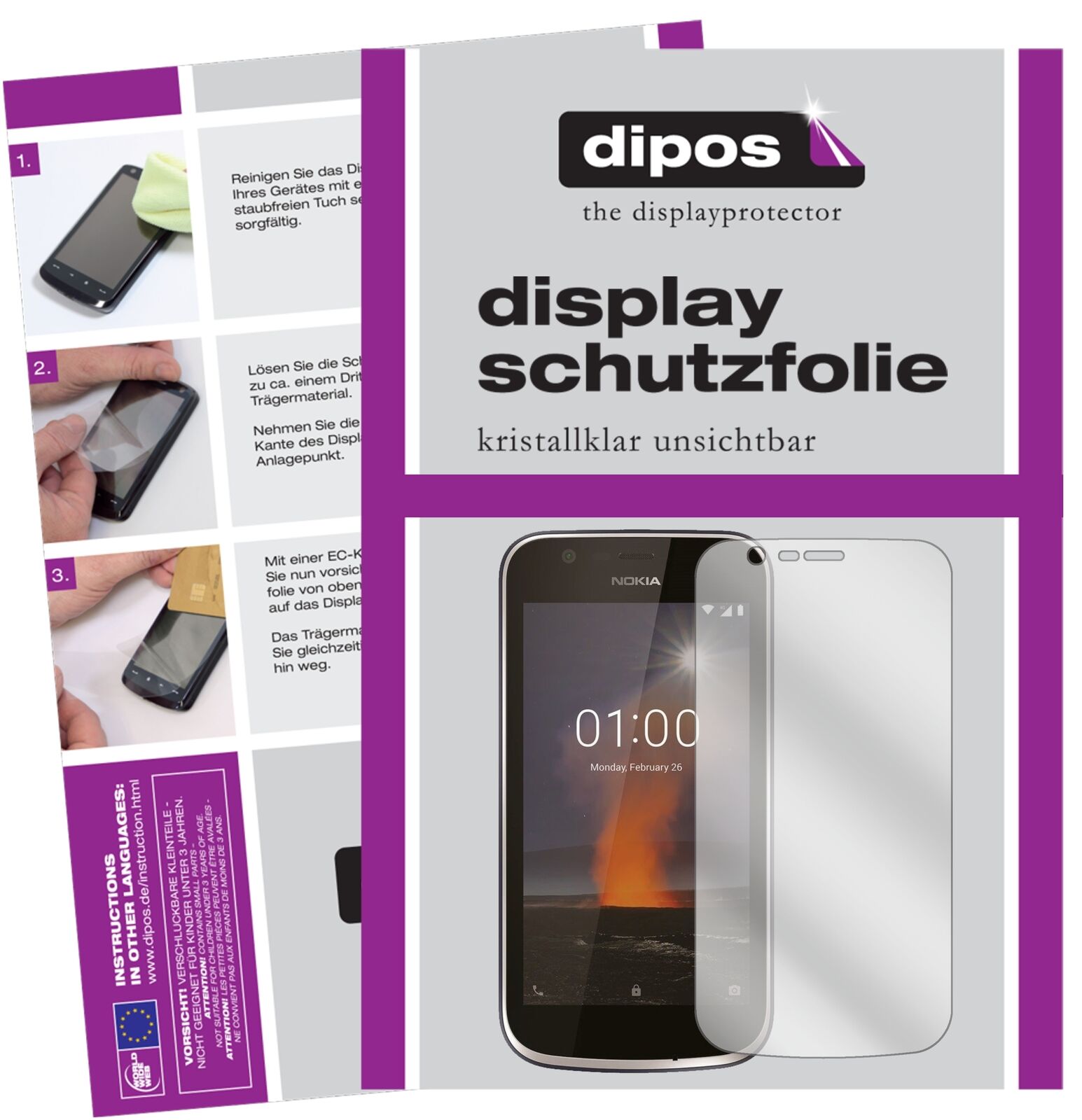 Nokia1 mit aufgebrachter dipos Displayschutzfolie, glasklare Darstellung ohne Einschränkungen