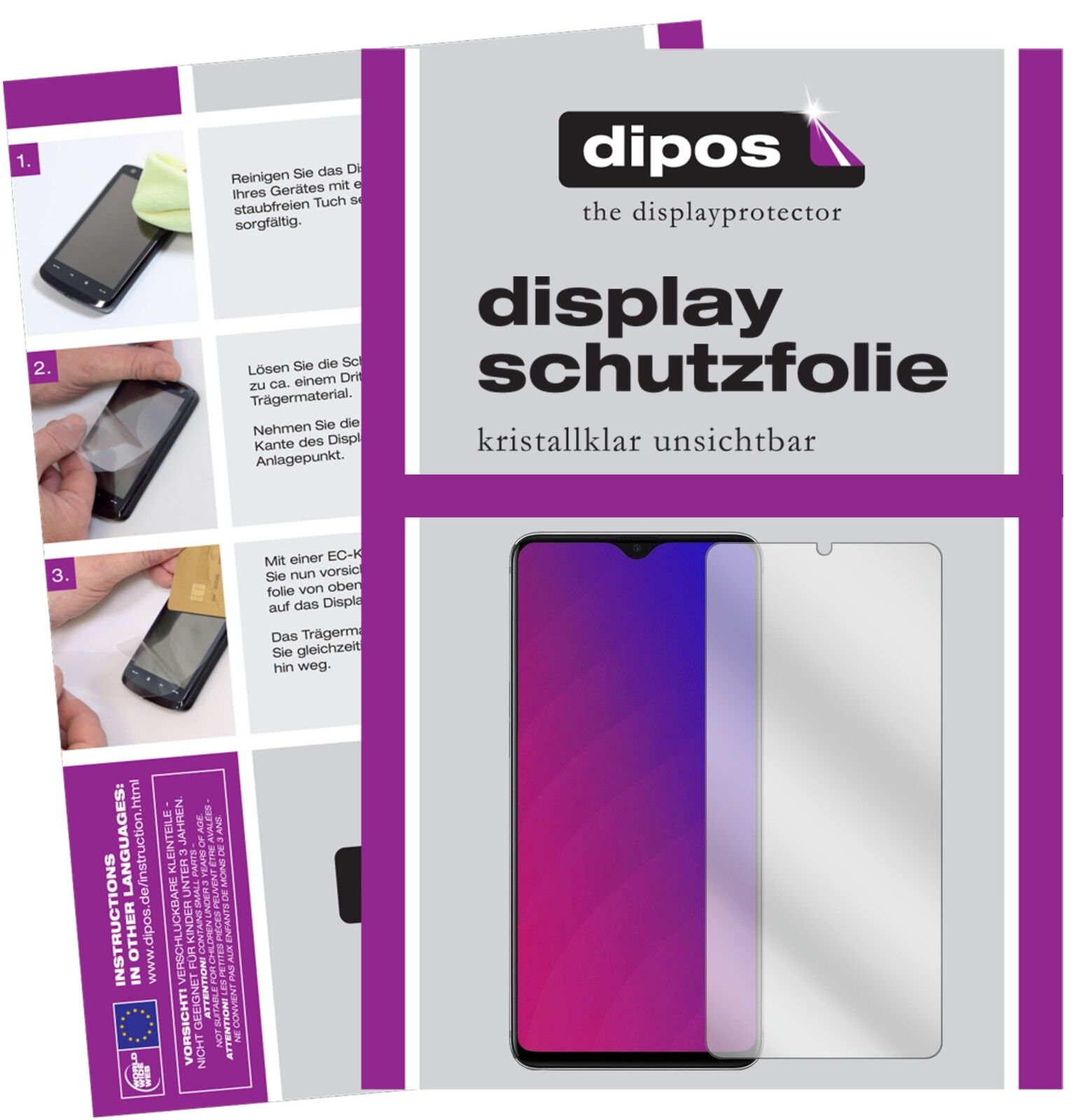 OppoF9 Pro mit aufgebrachter dipos Displayschutzfolie, glasklare Darstellung ohne Einschränkungen