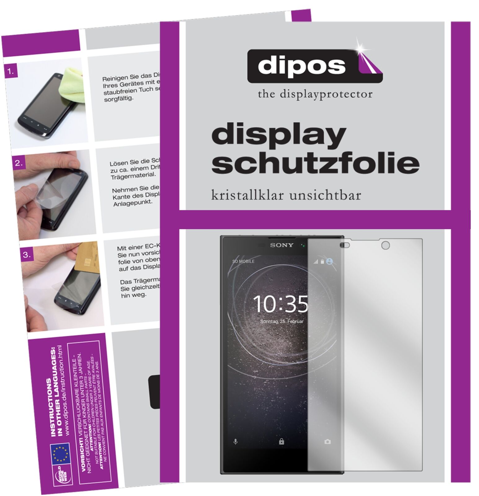 SonyXperia L2 mit aufgebrachter dipos Displayschutzfolie, glasklare Darstellung ohne Einschränkungen