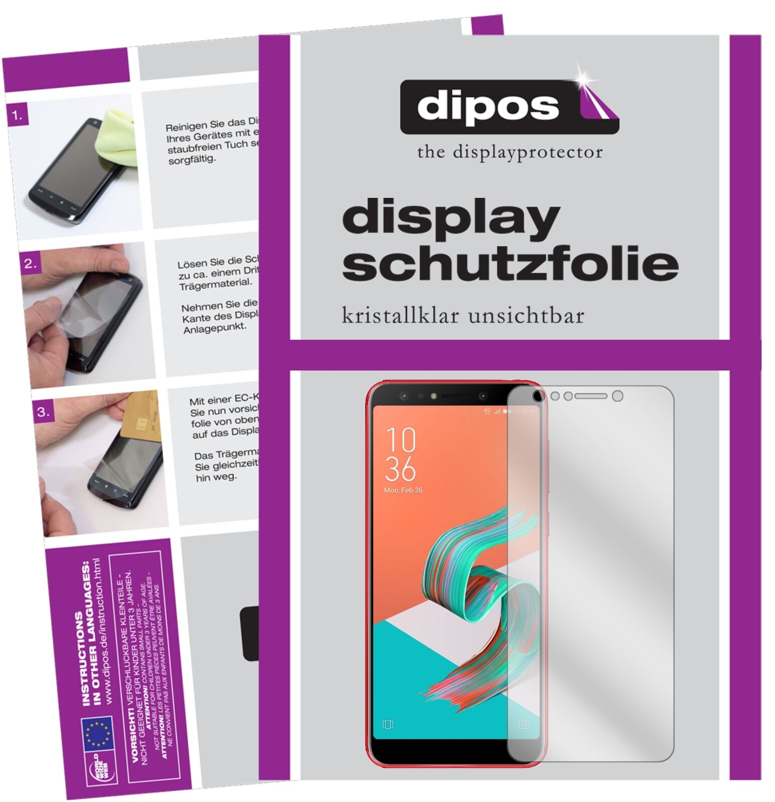 AsusZenfone 5 Lite (ZC600KL) mit aufgebrachter dipos Displayschutzfolie, glasklare Darstellung ohne Einschränkungen