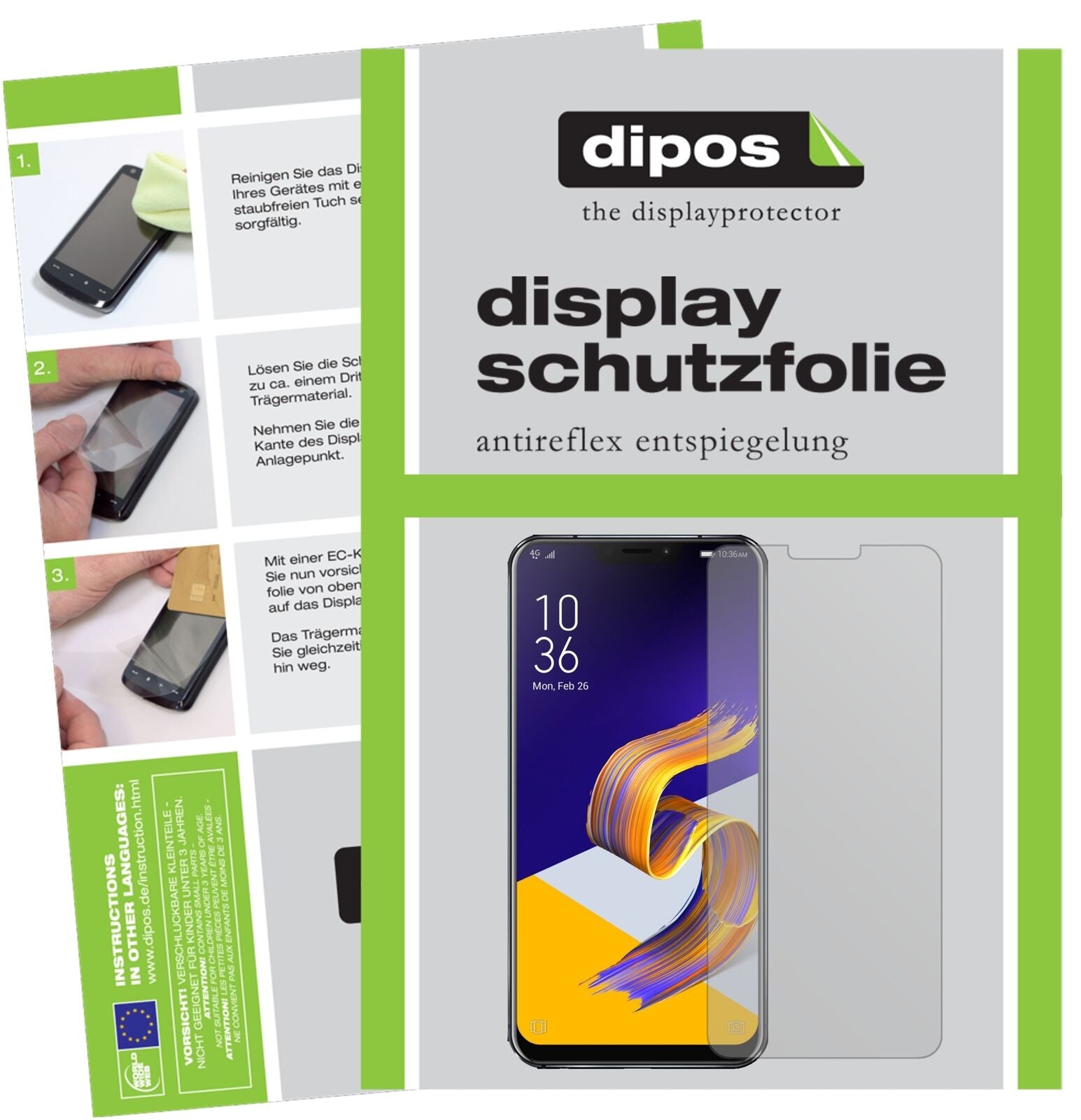 AsusZenfone 5Z ZS620KL mit aufgebrachter dipos Displayschutzfolie, die lästige Fingerabdrücke minimiert