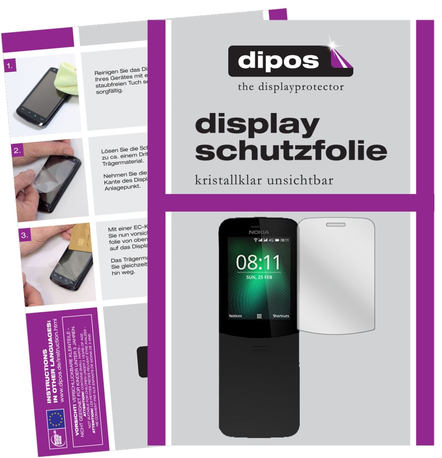 Nokia8810 mit aufgebrachter dipos Displayschutzfolie, glasklare Darstellung ohne Einschränkungen