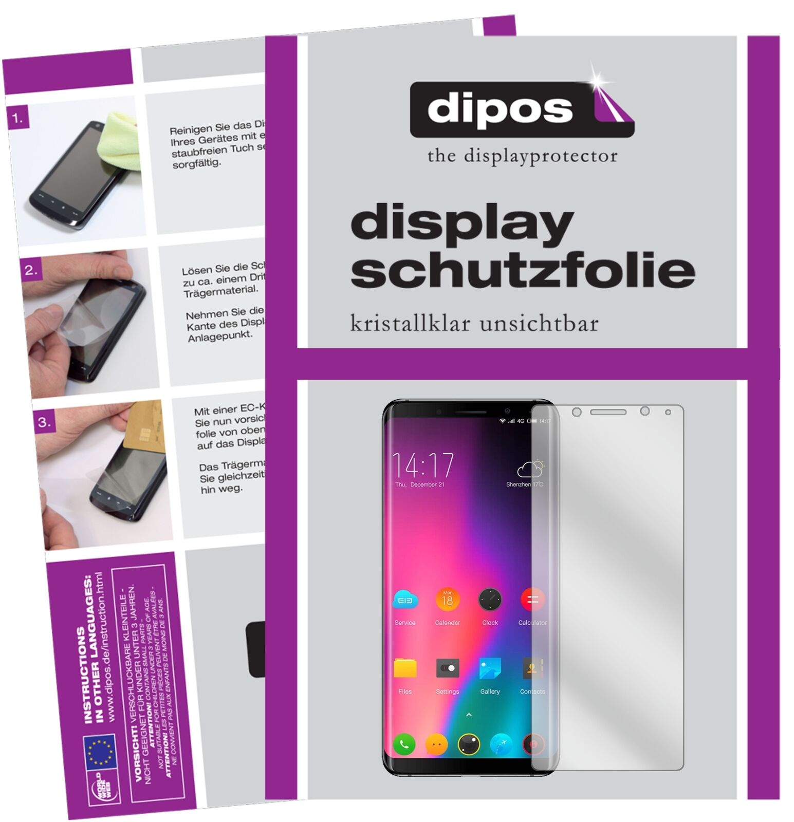 ElephoneU Pro mit aufgebrachter dipos Displayschutzfolie, glasklare Darstellung ohne Einschränkungen