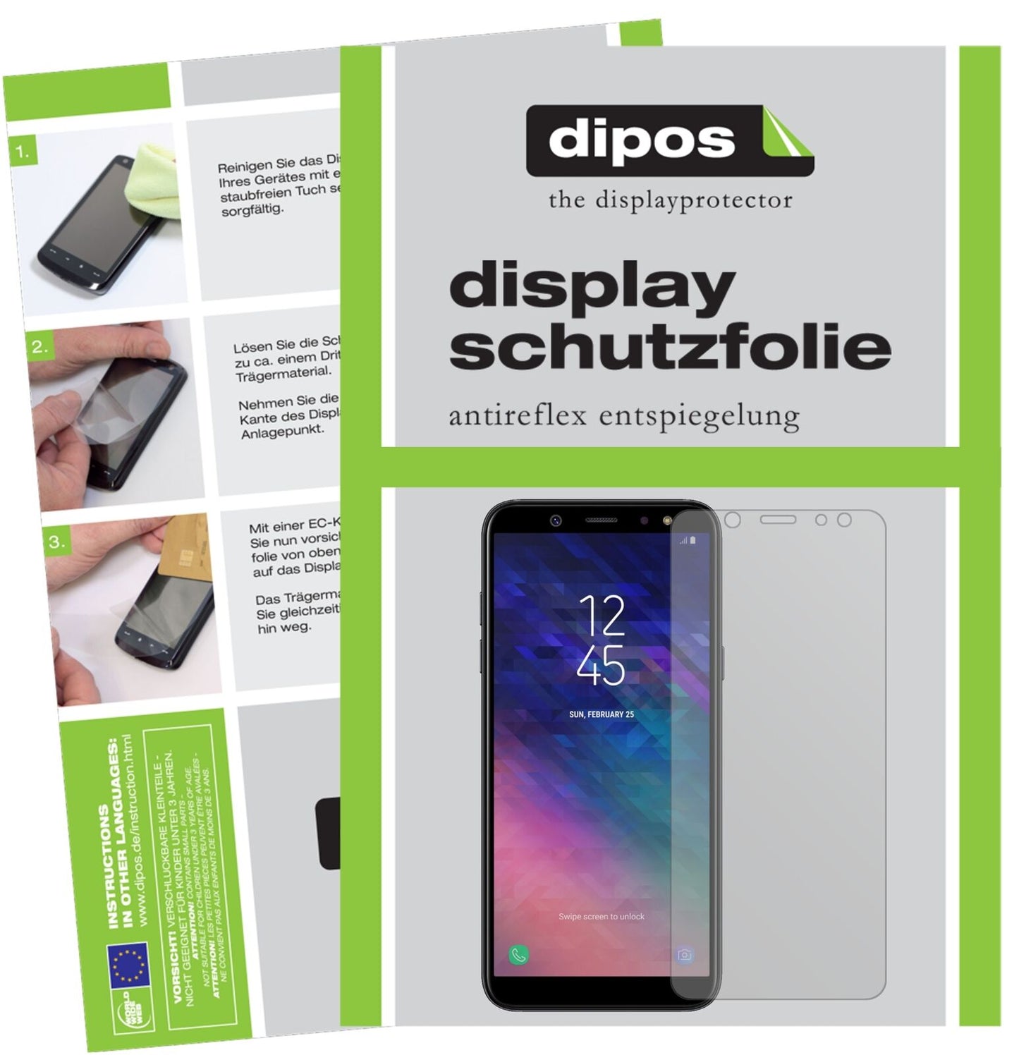 SamsungGalaxy A6 Plus (2018) mit aufgebrachter dipos Displayschutzfolie, die lästige Fingerabdrücke minimiert