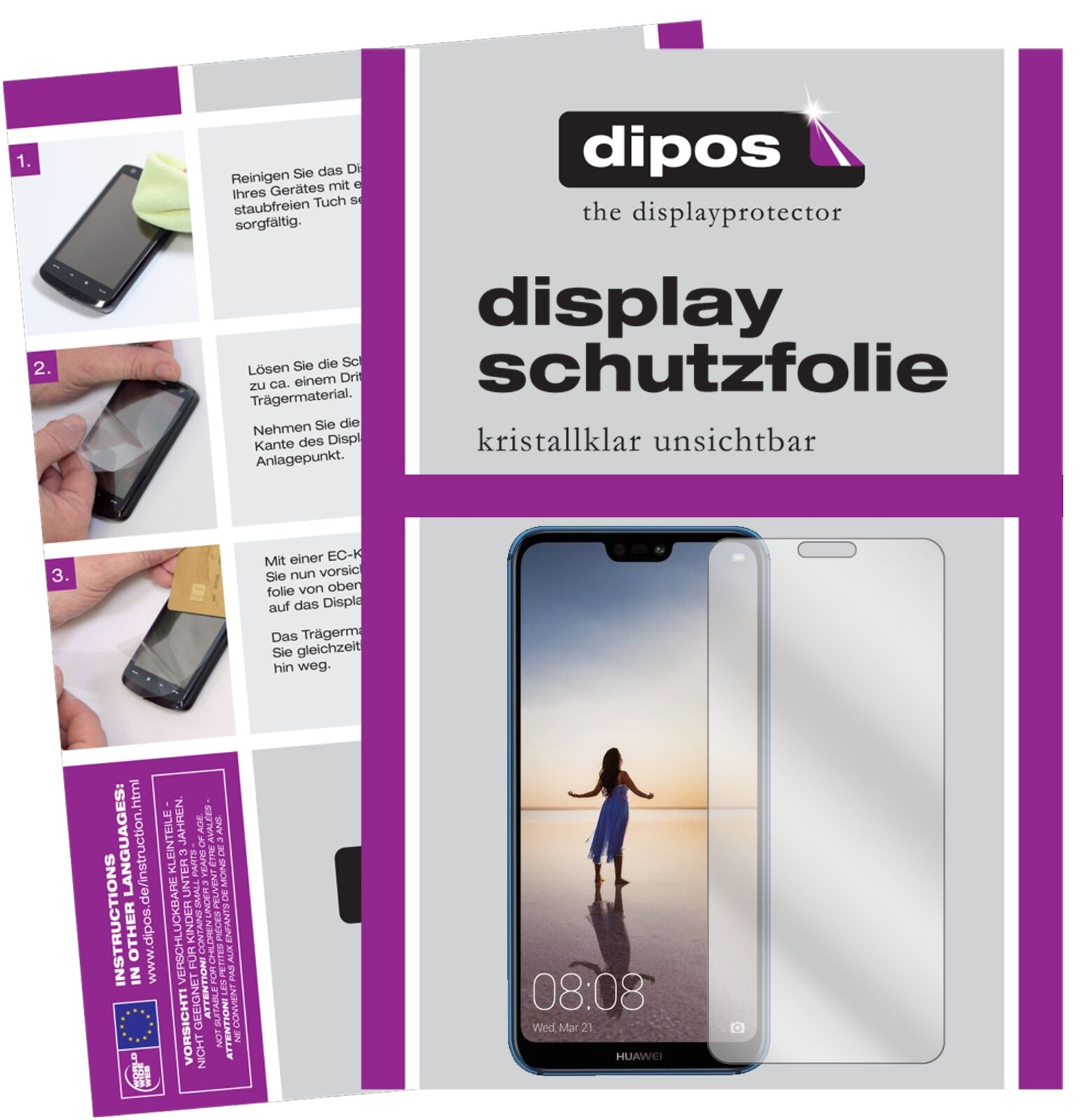 HuaweiP20 Lite mit aufgebrachter dipos Displayschutzfolie, glasklare Darstellung ohne Einschränkungen