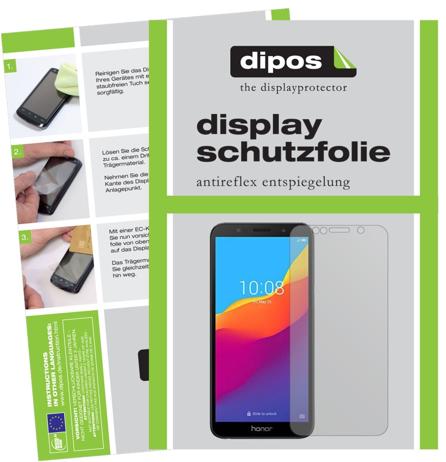 Honor7S 51092MPY mit aufgebrachter dipos Displayschutzfolie, die lästige Fingerabdrücke minimiert