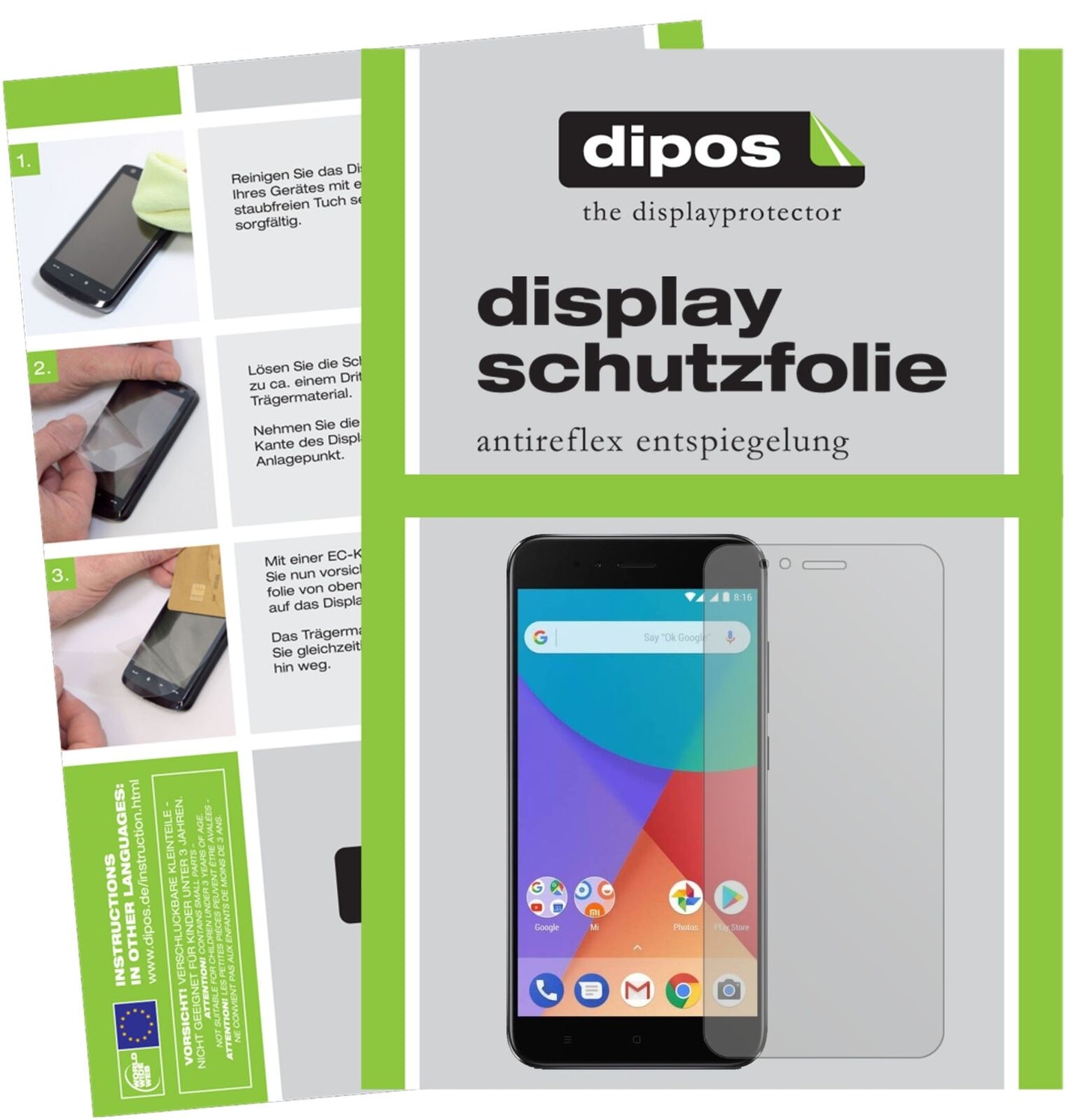 XiaomiMi A1 mit aufgebrachter dipos Displayschutzfolie, die lästige Fingerabdrücke minimiert
