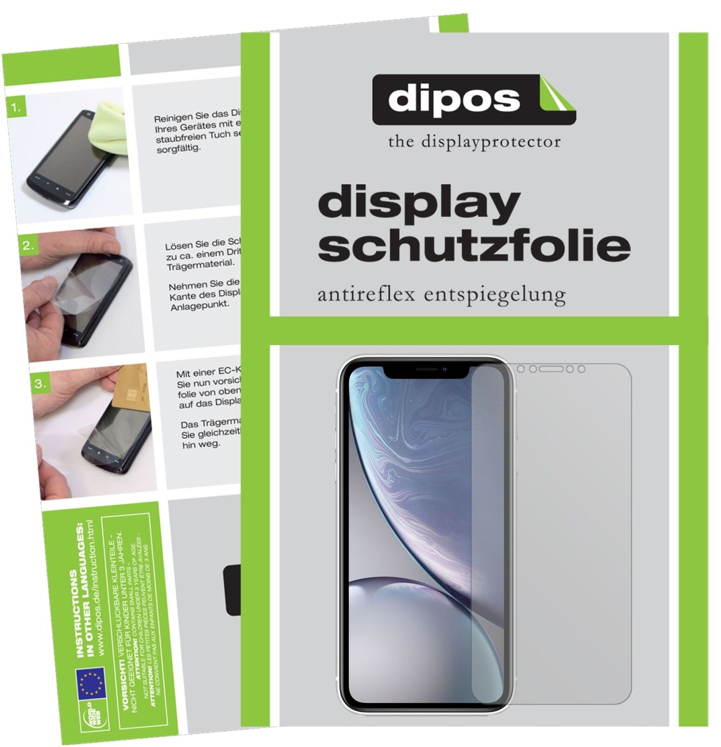 AppleiPhone XR mit aufgebrachter dipos Displayschutzfolie, die lästige Fingerabdrücke minimiert