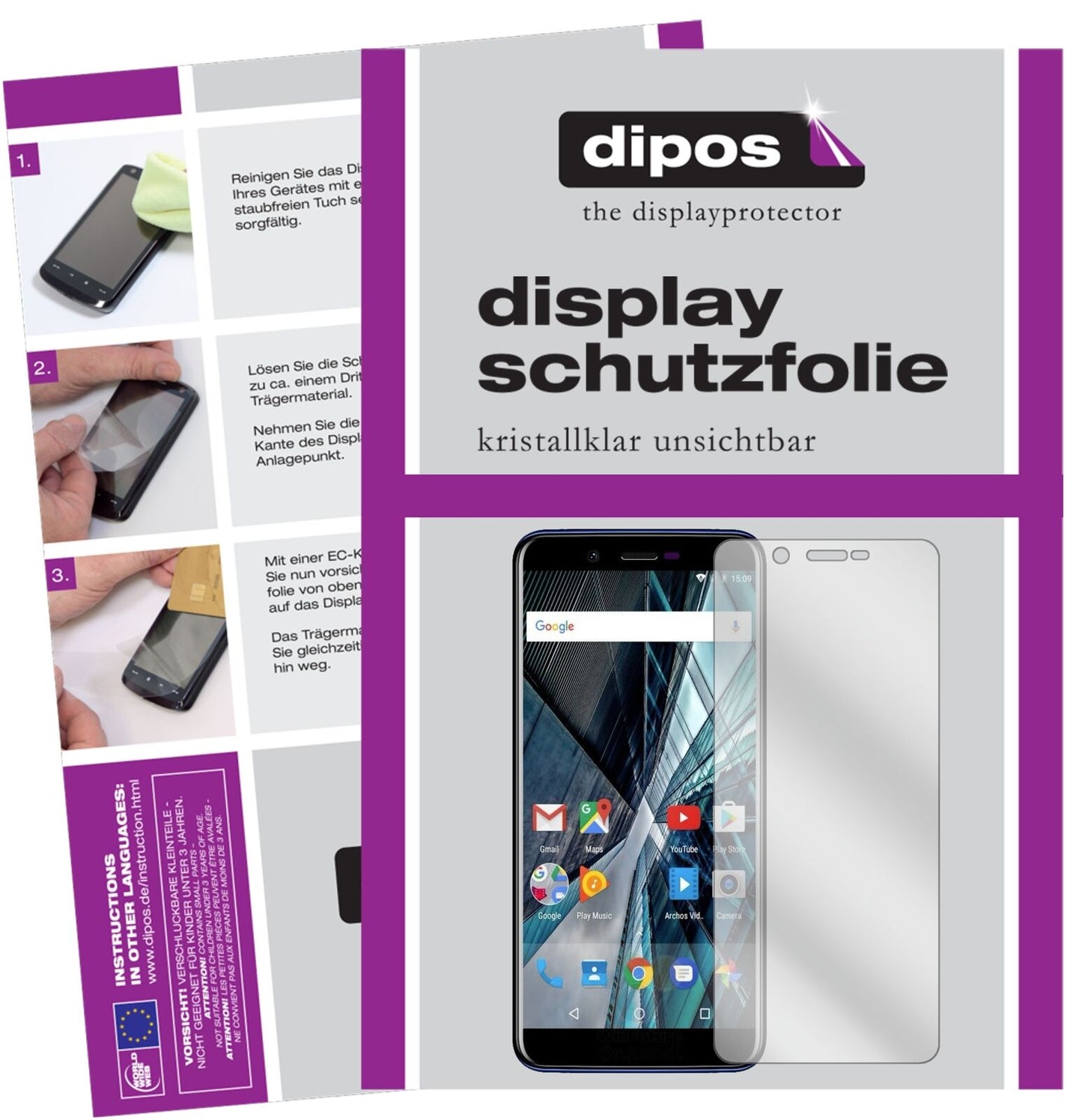 ArchosCore 57S mit aufgebrachter dipos Displayschutzfolie, glasklare Darstellung ohne Einschränkungen