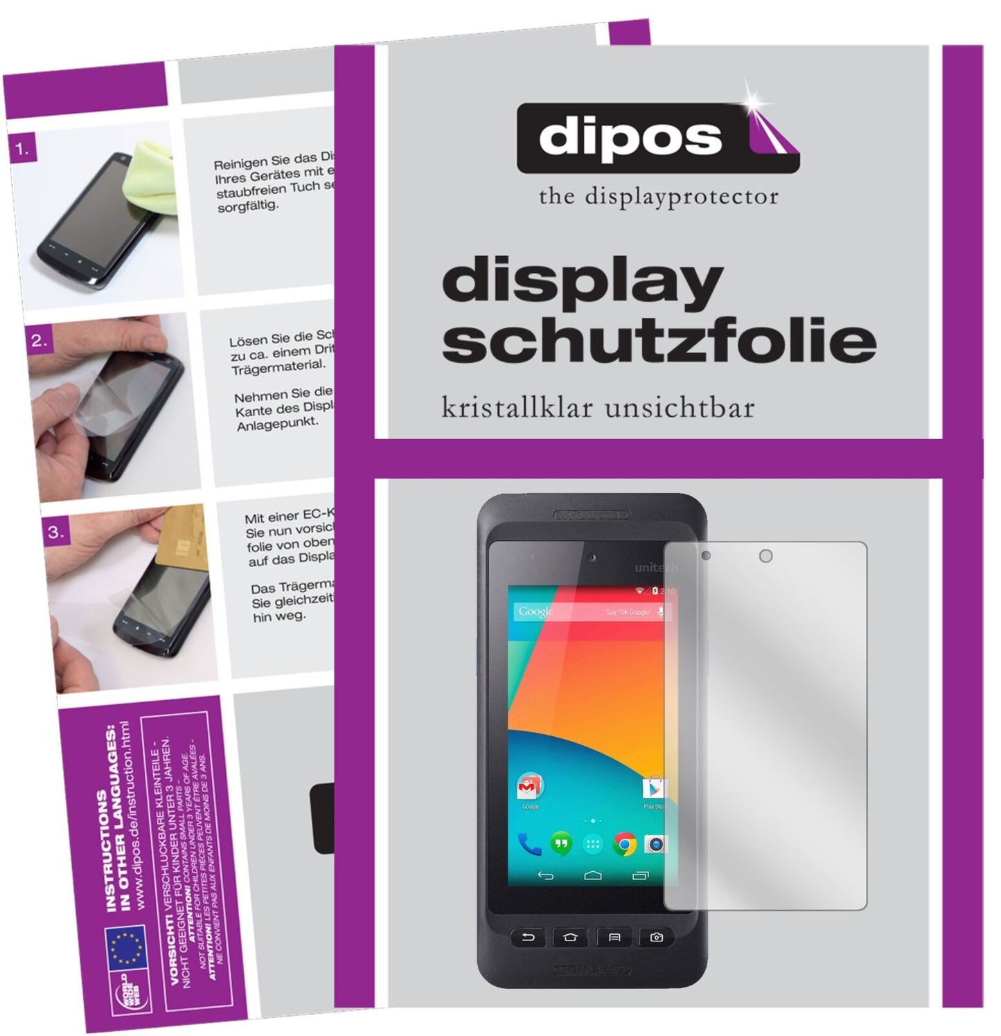 UnitechPA720 mit aufgebrachter dipos Displayschutzfolie, glasklare Darstellung ohne Einschränkungen