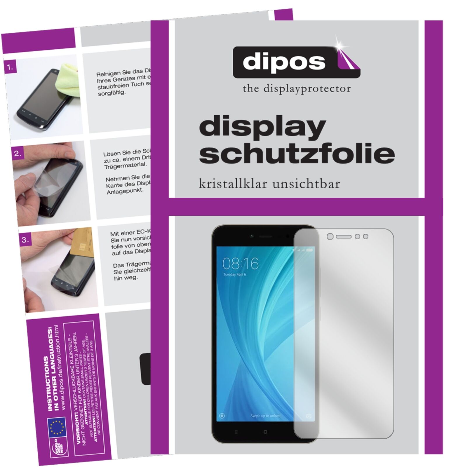 XiaomiNote 5A Prime mit aufgebrachter dipos Displayschutzfolie, glasklare Darstellung ohne Einschränkungen
