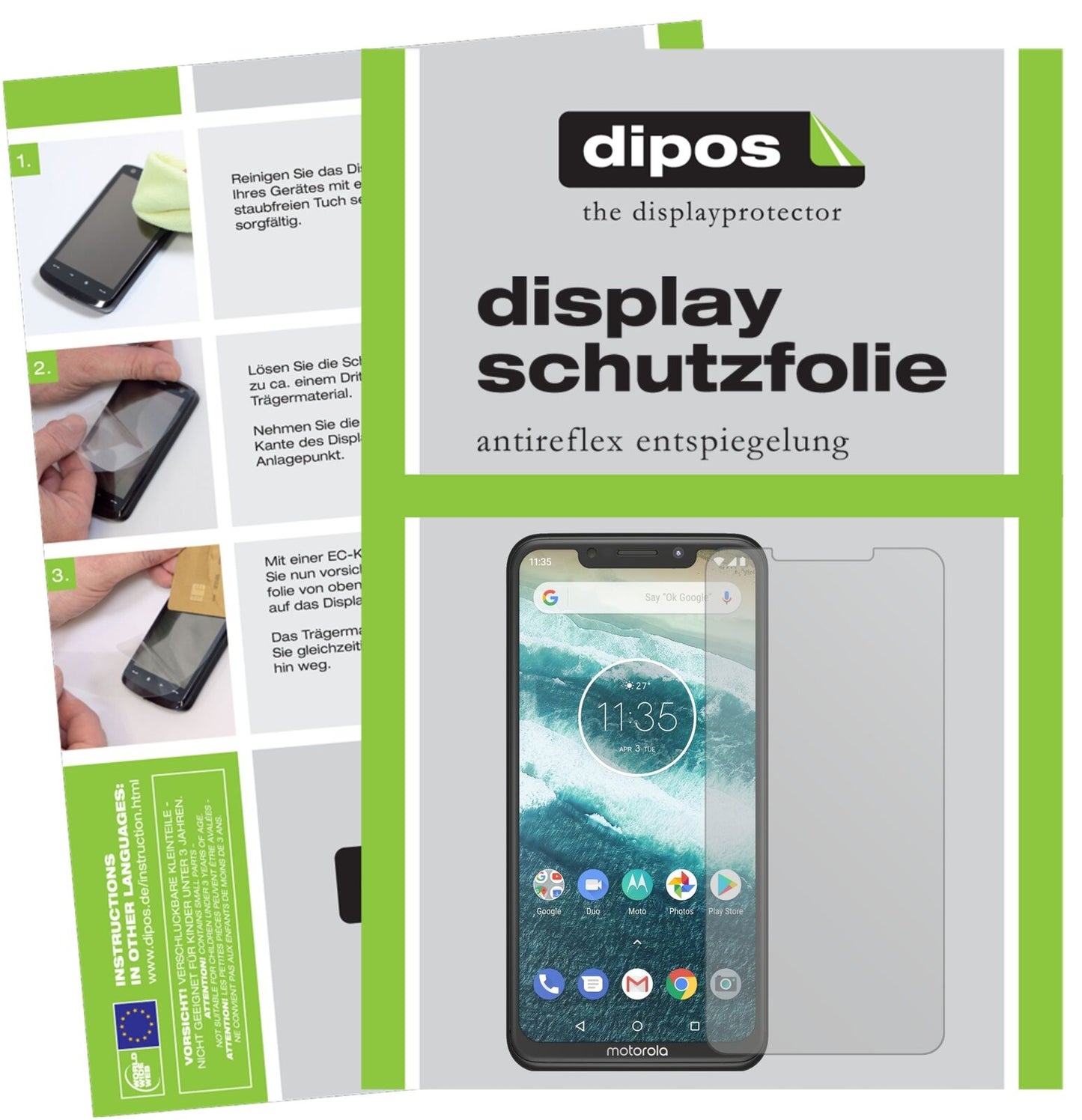 MotorolaOne Power mit aufgebrachter dipos Displayschutzfolie, die lästige Fingerabdrücke minimiert