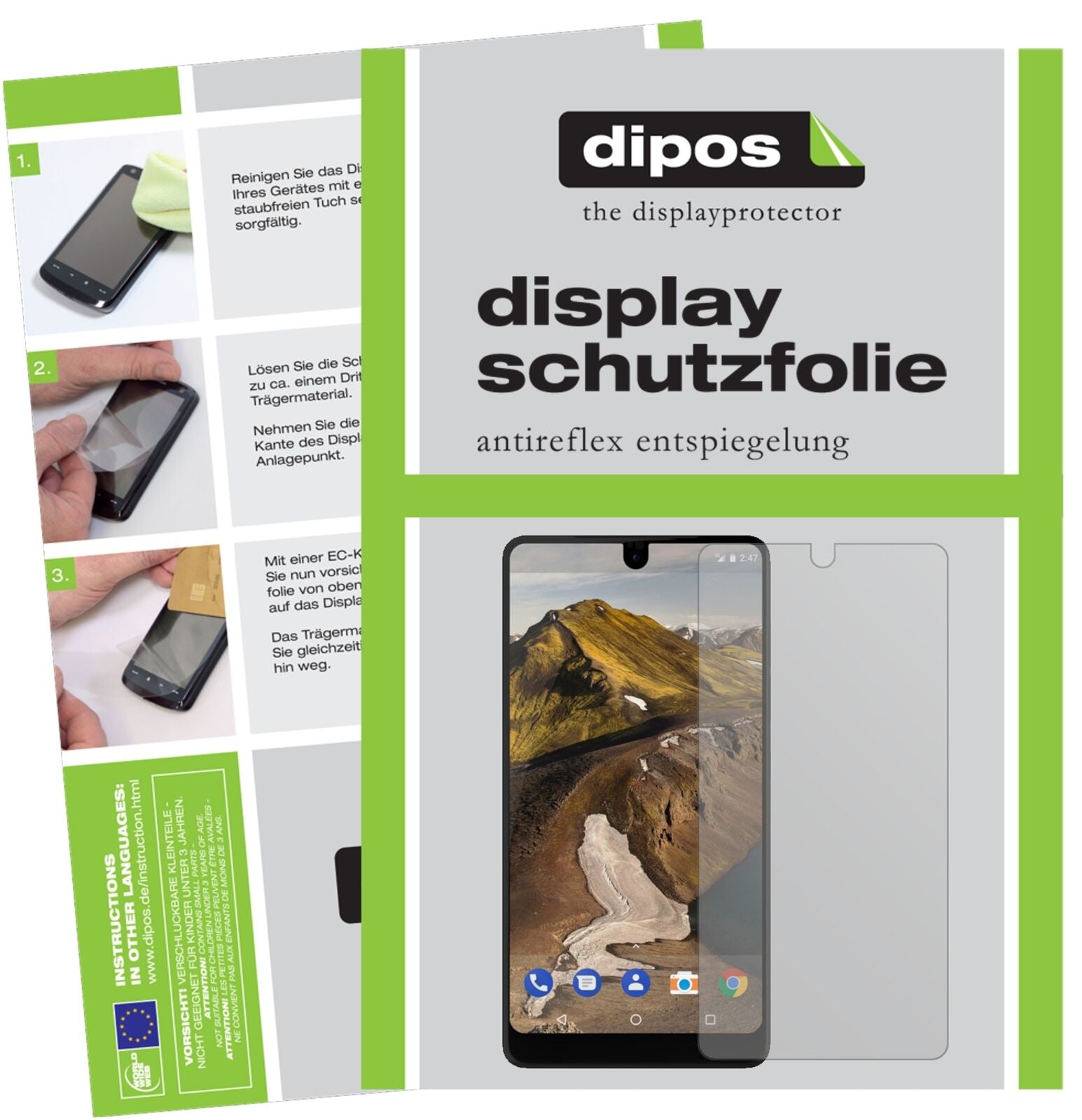 EssentialPhone mit aufgebrachter dipos Displayschutzfolie, die lästige Fingerabdrücke minimiert
