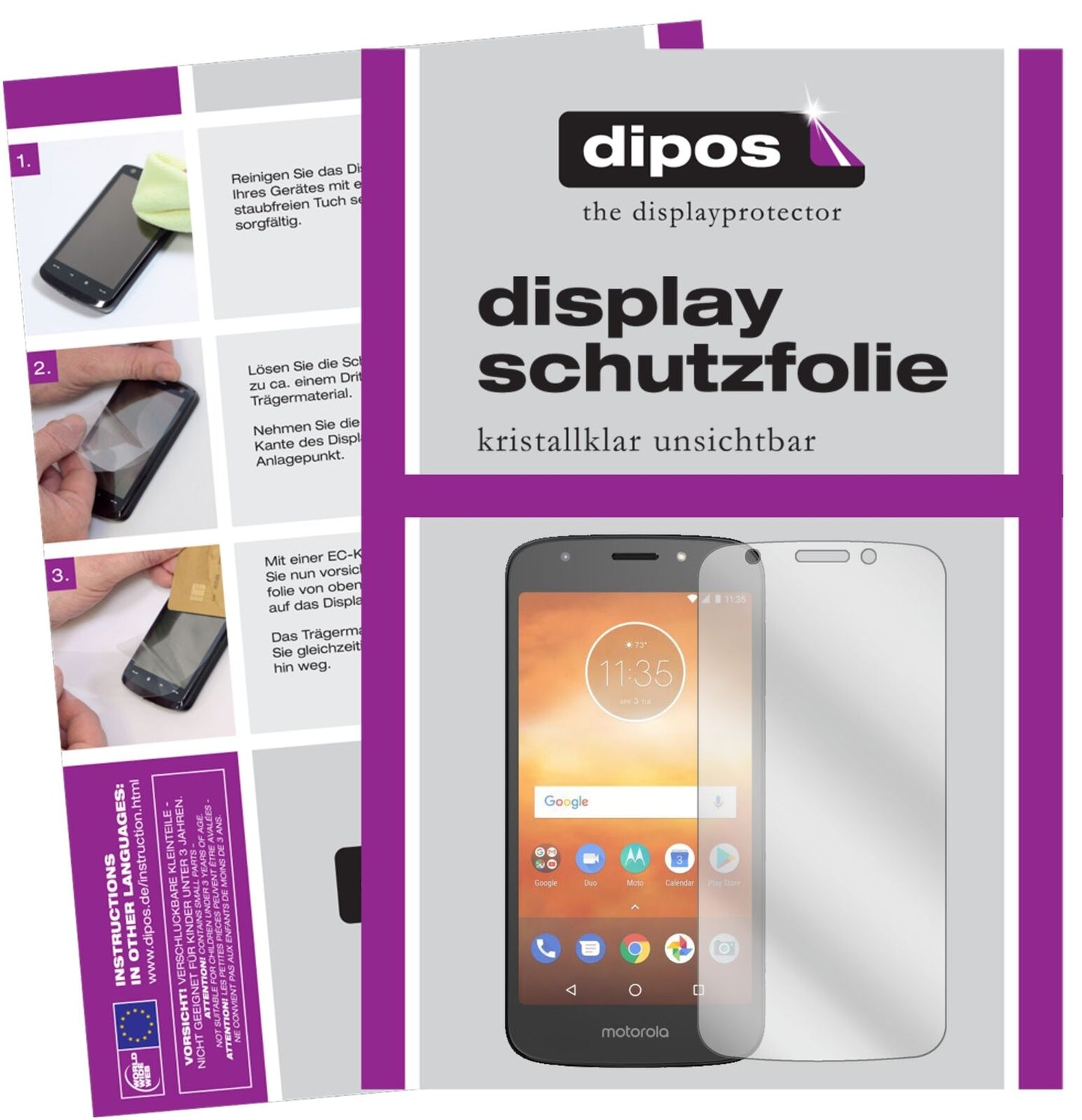MotorolaMoto E5 Play Go mit aufgebrachter dipos Displayschutzfolie, glasklare Darstellung ohne Einschränkungen