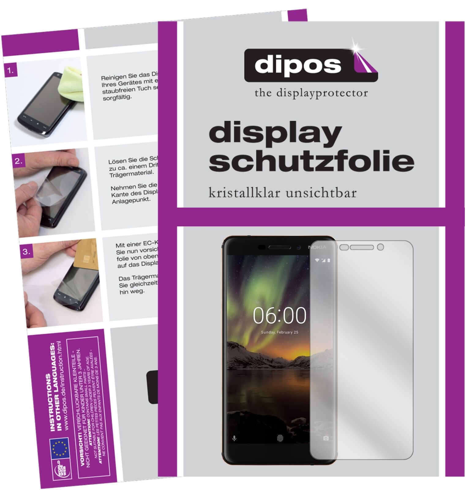 Nokia6 (2018) mit aufgebrachter dipos Displayschutzfolie, glasklare Darstellung ohne Einschränkungen