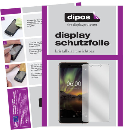 Nokia6 (2018) mit aufgebrachter dipos Displayschutzfolie, glasklare Darstellung ohne Einschränkungen
