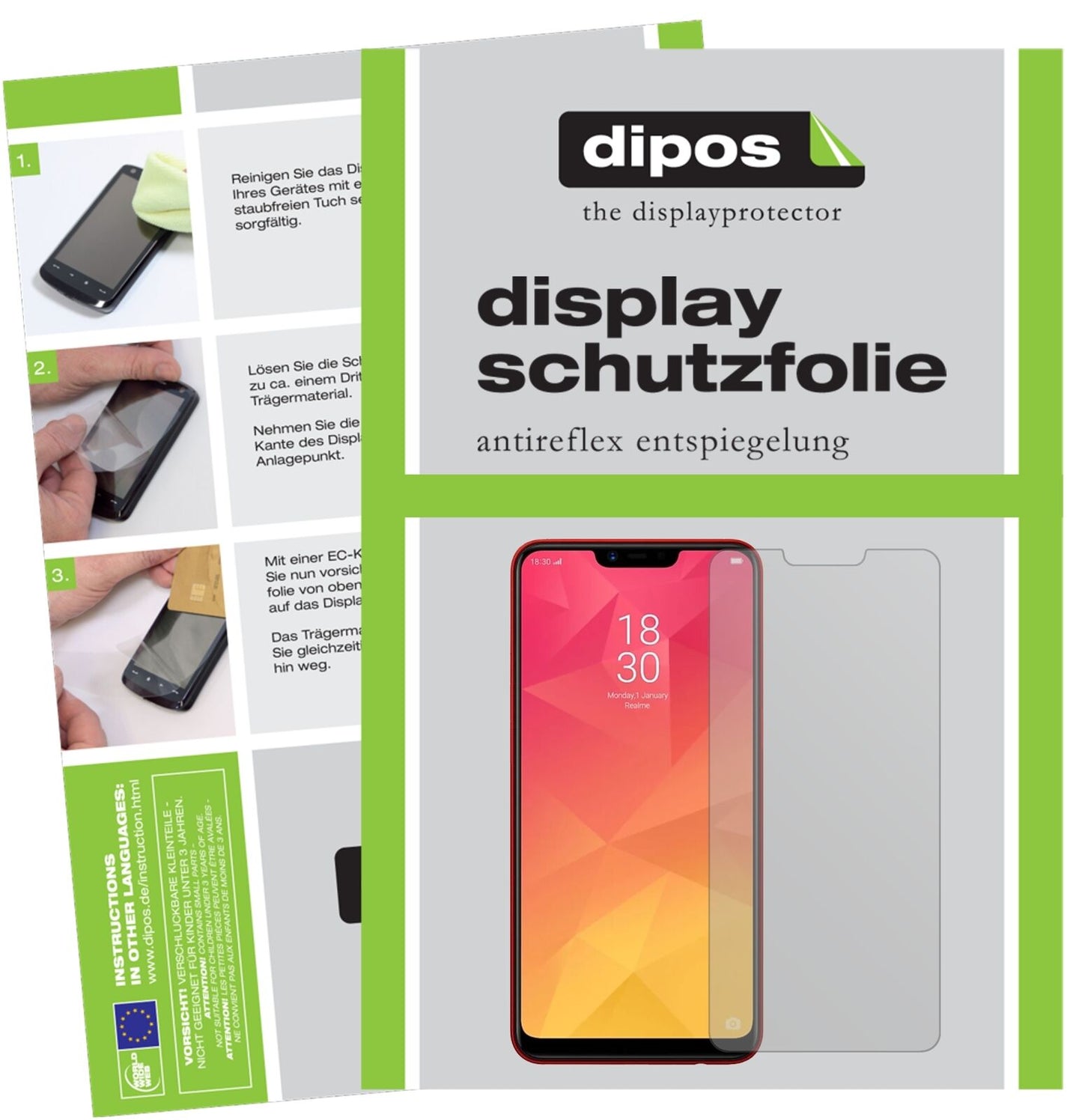 OppoRealme 2 mit aufgebrachter dipos Displayschutzfolie, die lästige Fingerabdrücke minimiert