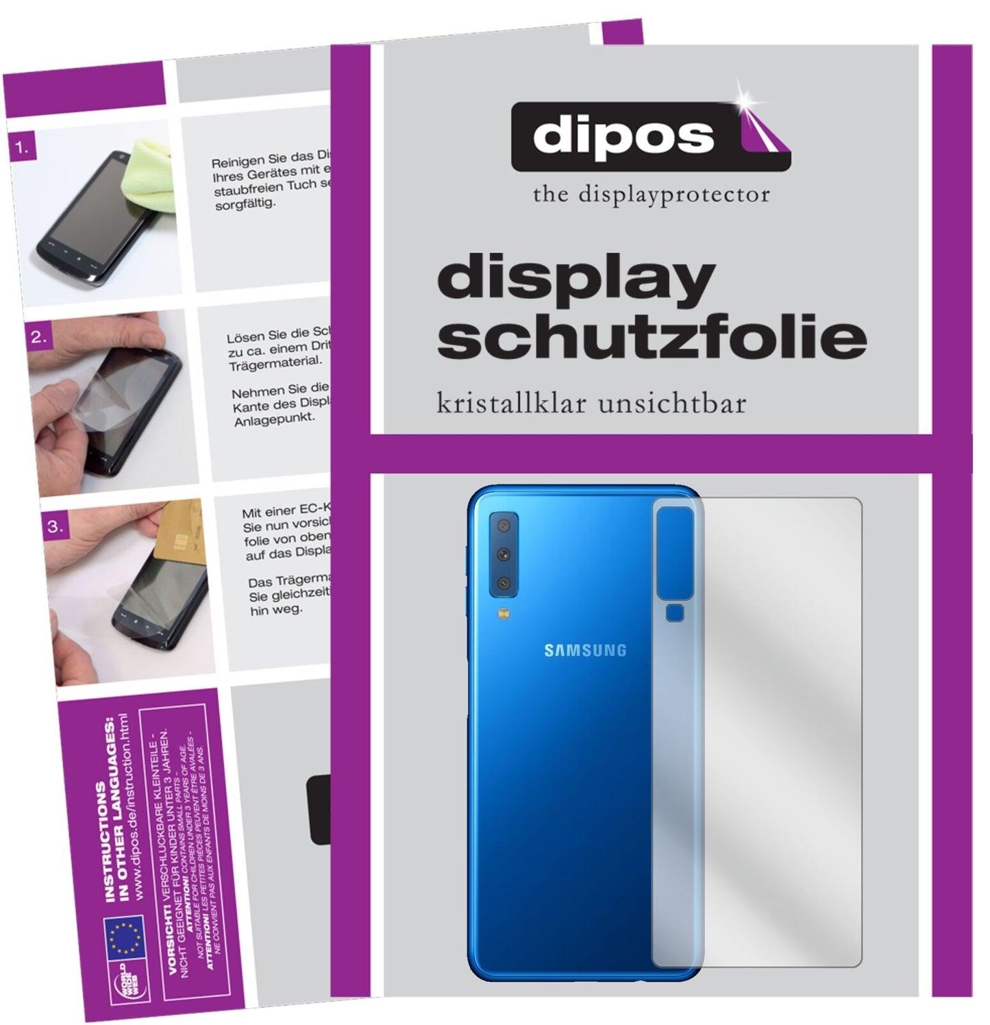 SamsungGalaxy A7 (2018) Rückseite mit aufgebrachter dipos Displayschutzfolie, glasklare Darstellung ohne Einschränkungen