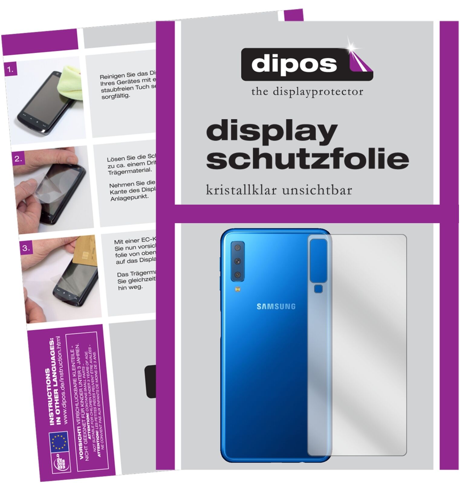SamsungGalaxy A7 (2018) Rückseite mit aufgebrachter dipos Displayschutzfolie, glasklare Darstellung ohne Einschränkungen