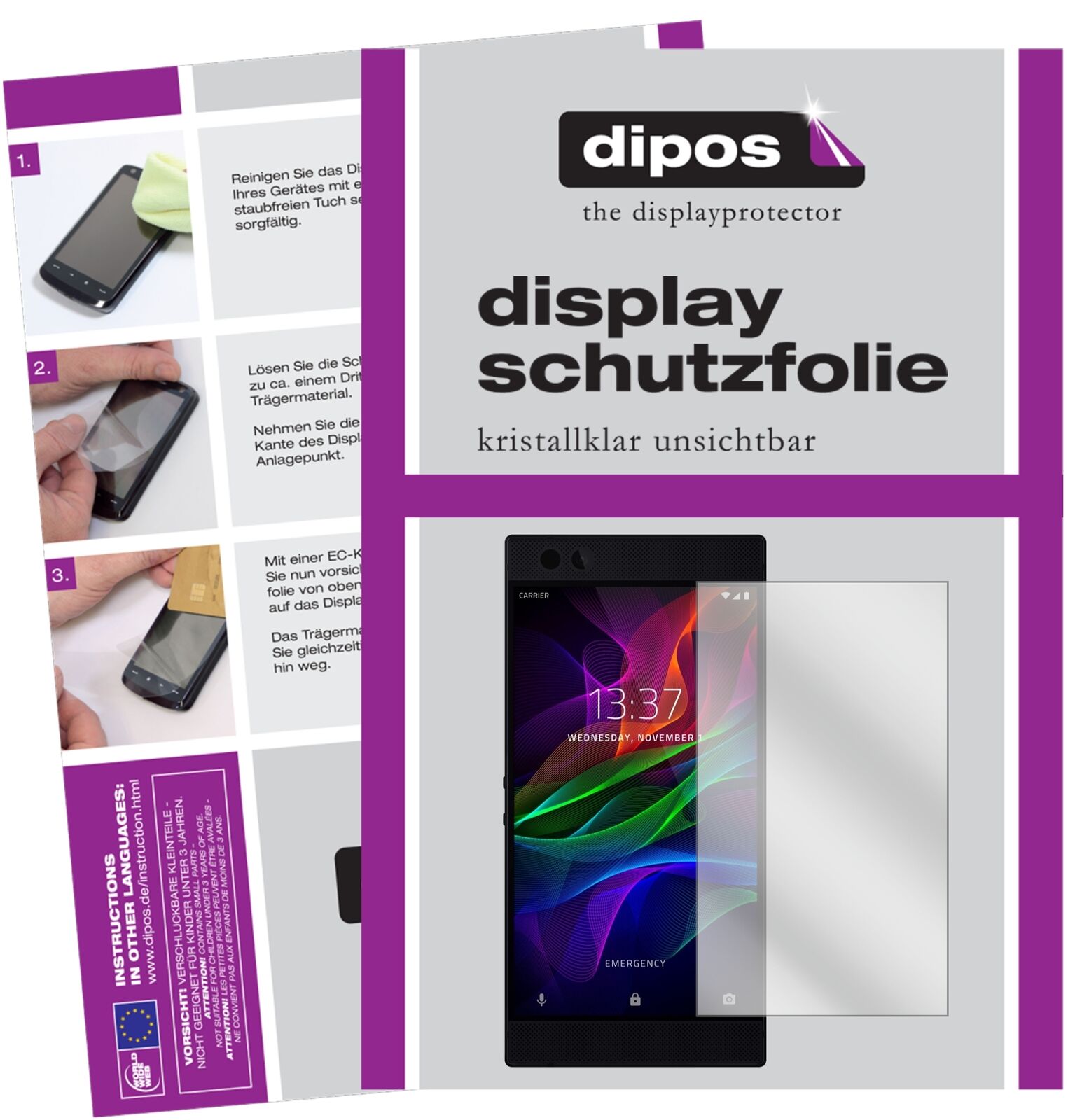 RazerPhone mit aufgebrachter dipos Displayschutzfolie, glasklare Darstellung ohne Einschränkungen
