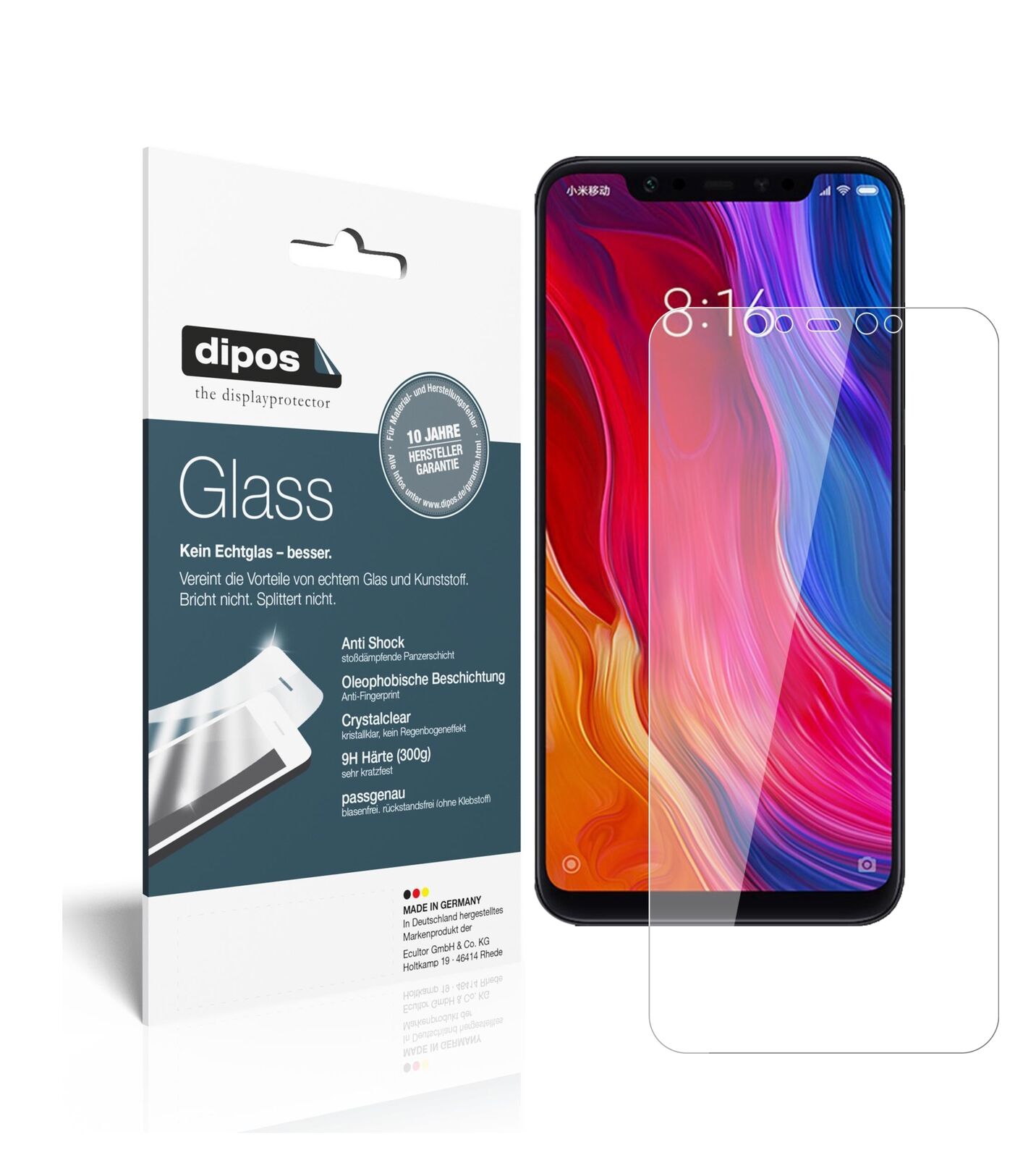 XiaomiMi 8 mit aufgebrachter dipos Flex Schutzfolie, glasklare Darstellung ohne Einschränkungen