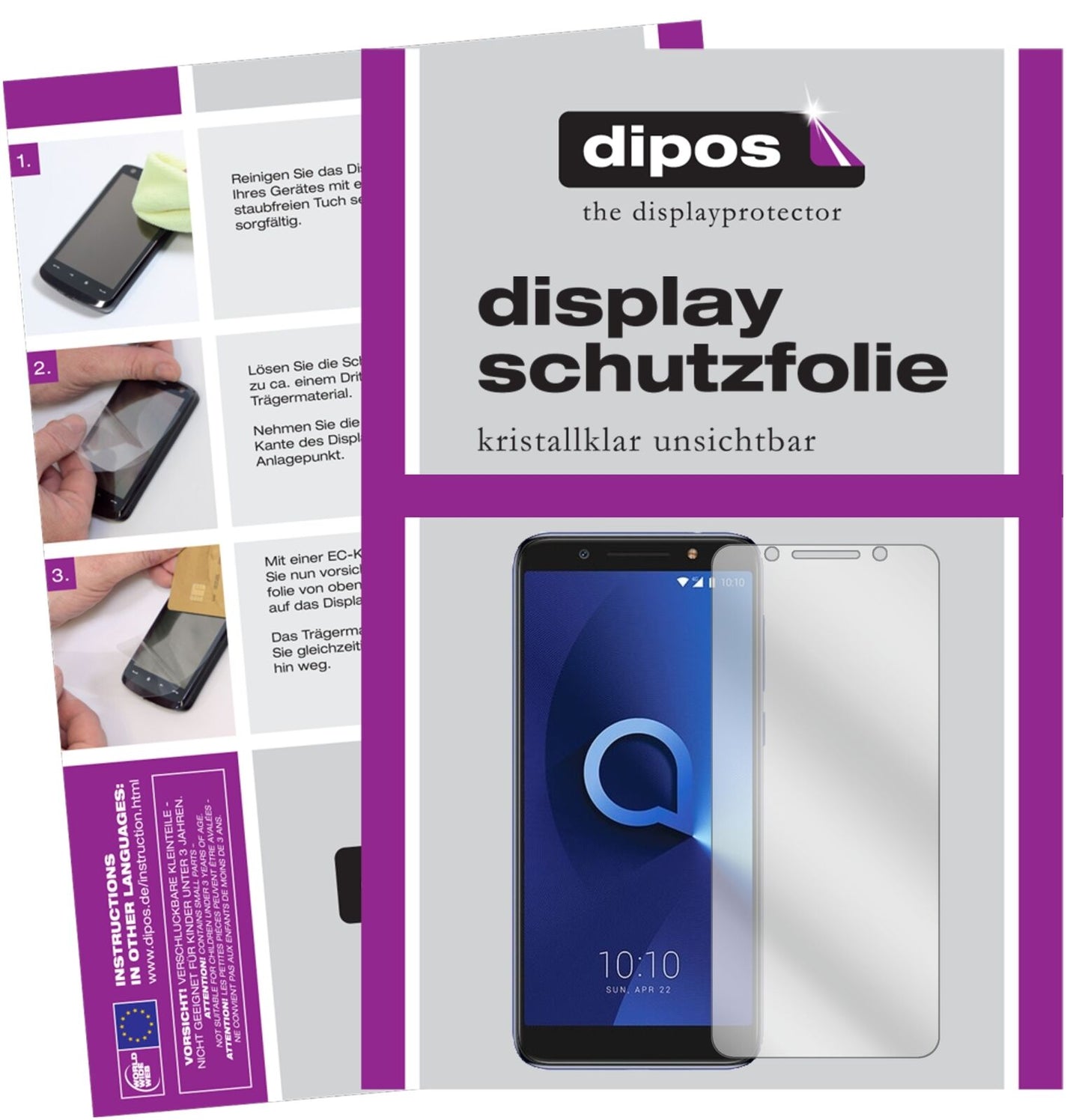 Alcatel3X mit aufgebrachter dipos Displayschutzfolie, glasklare Darstellung ohne Einschränkungen