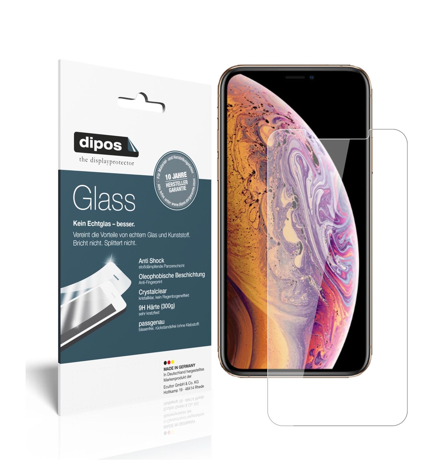 AppleiPhone XS mit aufgebrachter dipos Flex Schutzfolie, glasklare Darstellung ohne Einschränkungen