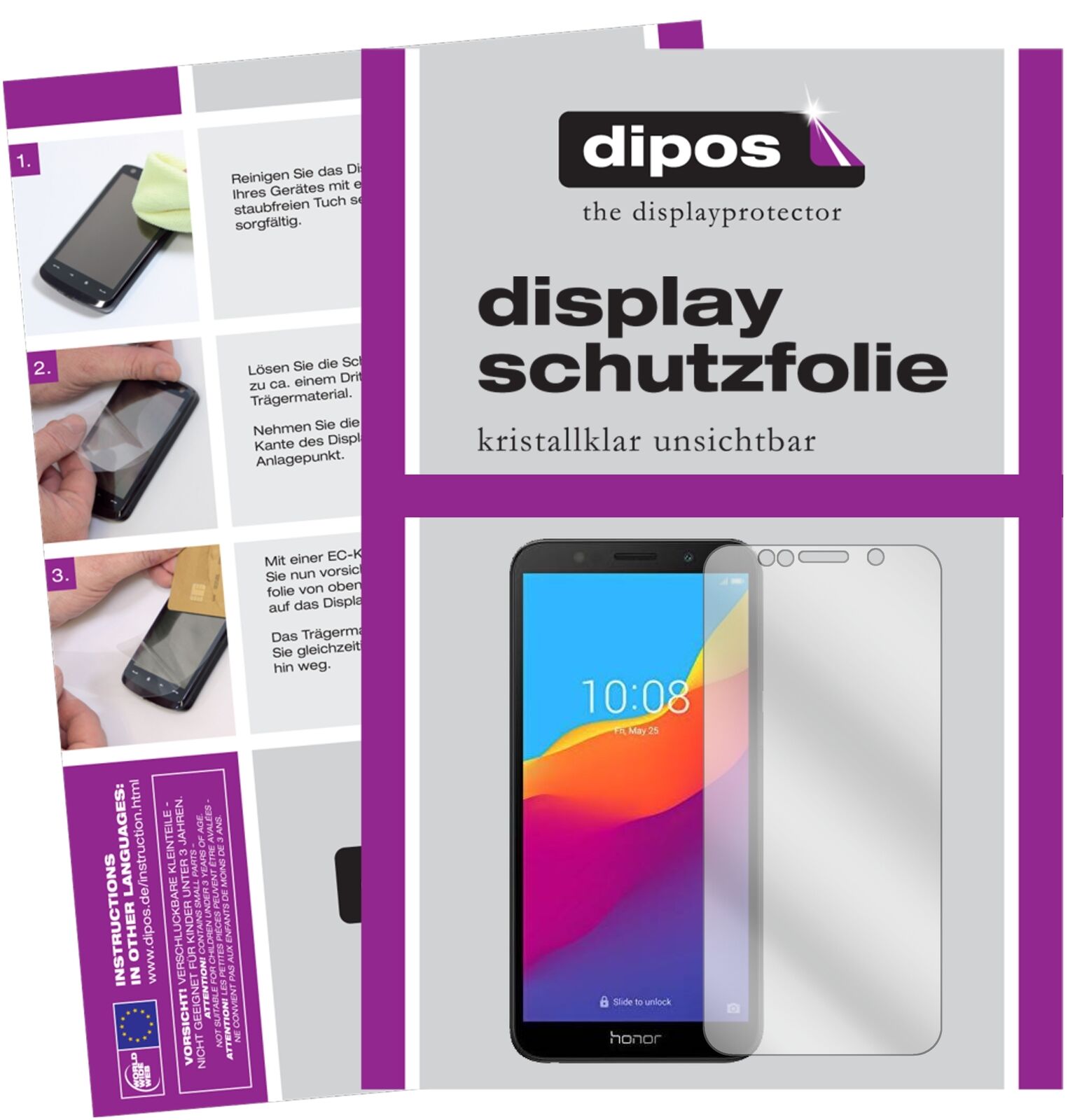 Honor7S 51092MPY mit aufgebrachter dipos Displayschutzfolie, glasklare Darstellung ohne Einschränkungen