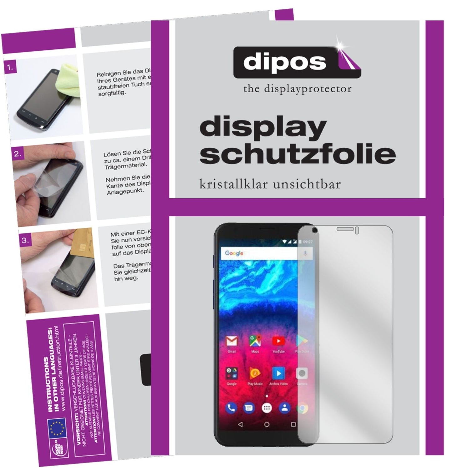 ArchosCore 60S mit aufgebrachter dipos Displayschutzfolie, glasklare Darstellung ohne Einschränkungen
