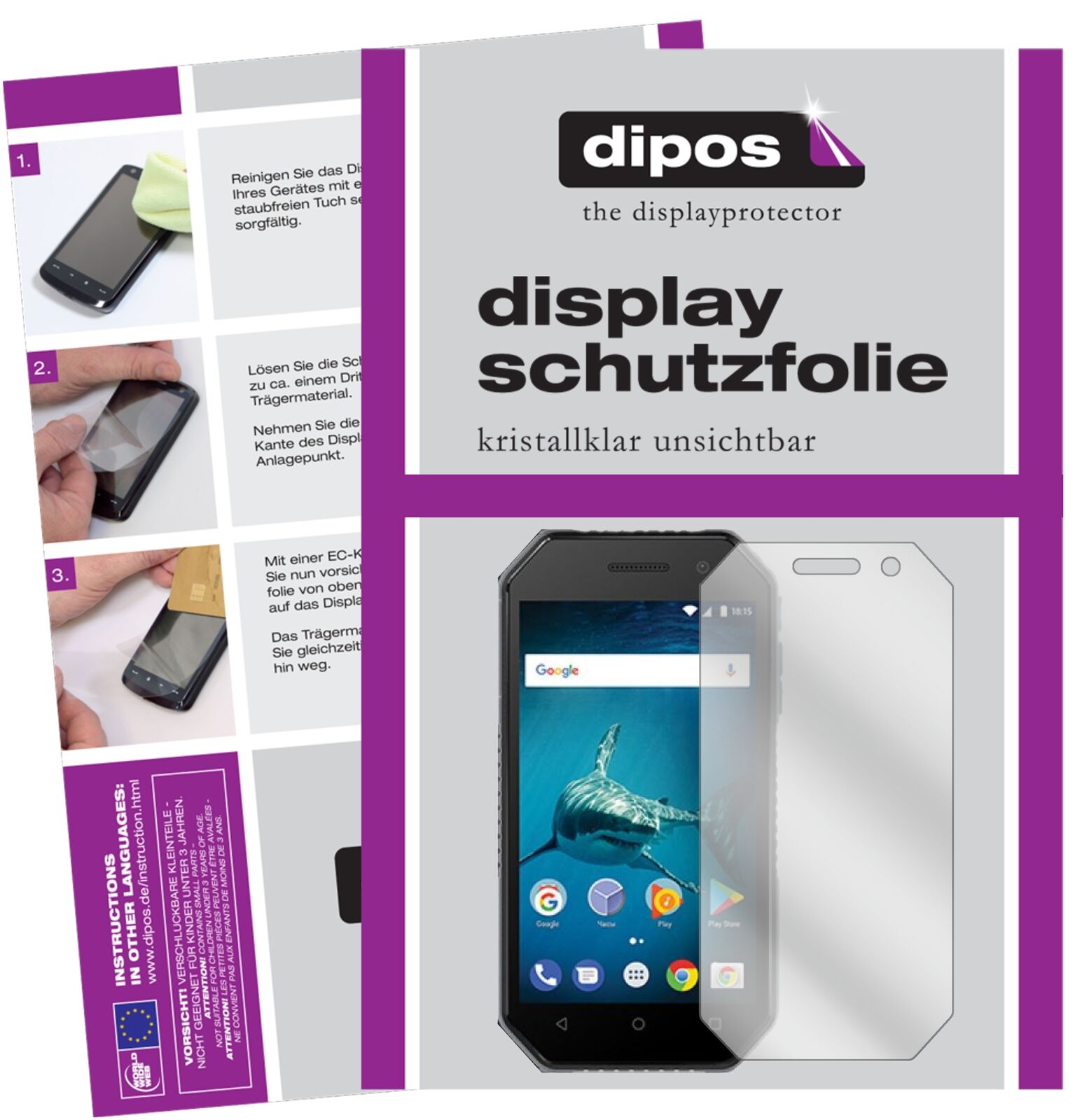 BQMobile 4077 Shark Mini mit aufgebrachter dipos Displayschutzfolie, glasklare Darstellung ohne Einschränkungen
