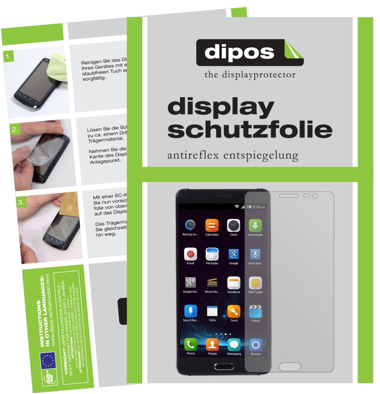 ElephoneP8 Pro mit aufgebrachter dipos Displayschutzfolie, die lästige Fingerabdrücke minimiert