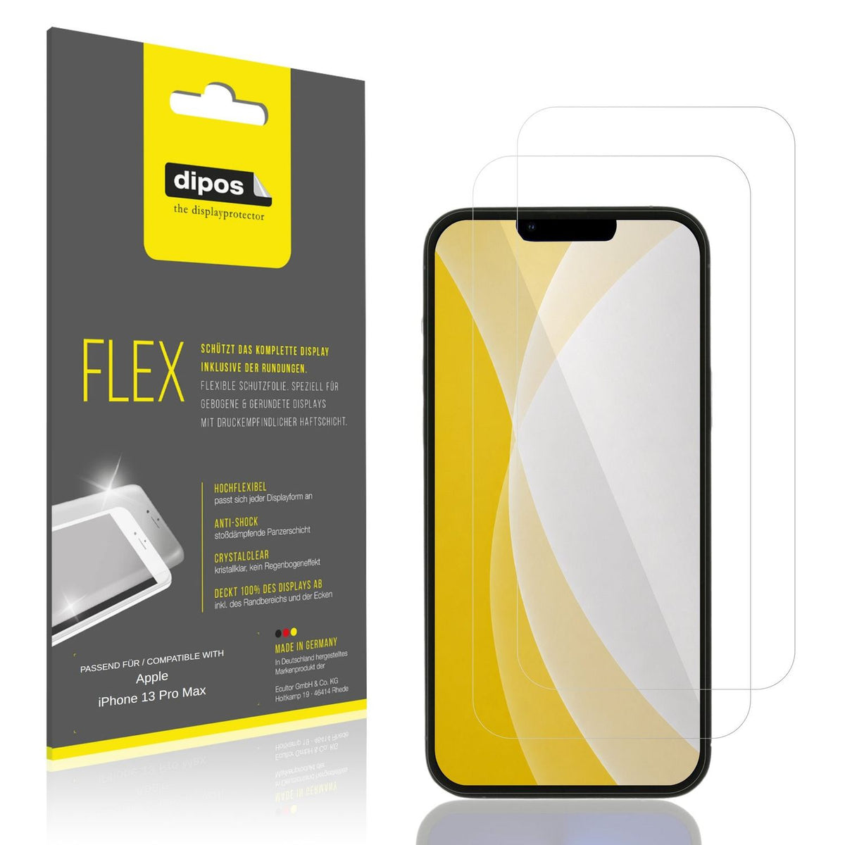 Klare Displayschutzfolie von dipos passend für Apple iPhone 13 Pro Max, 100% Displayabdeckung und blasenfreie Montage