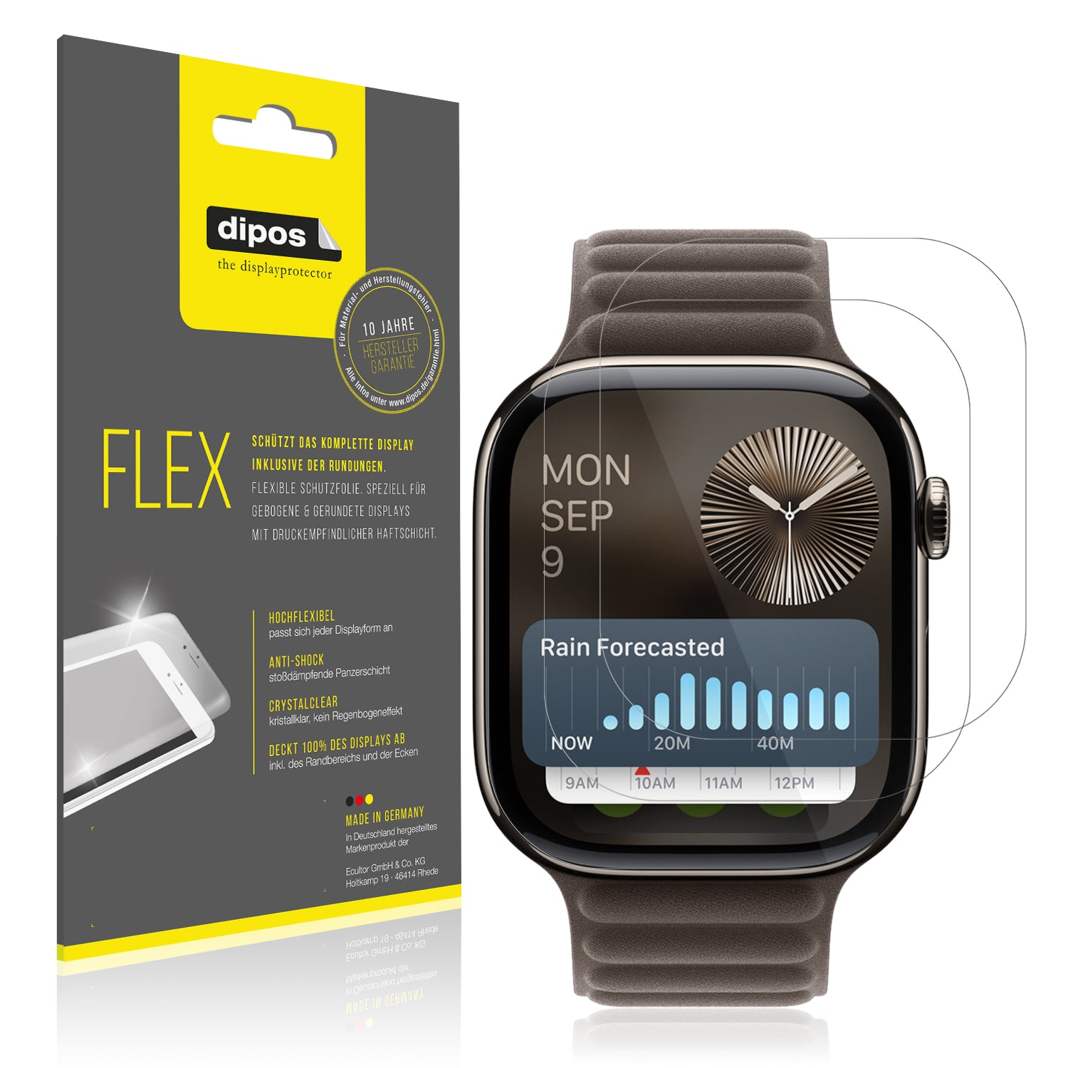 Klare Displayschutzfolie von dipos passend für Apple Watch Series 10 (46mm), 100% Displayabdeckung und blasenfreie Montage