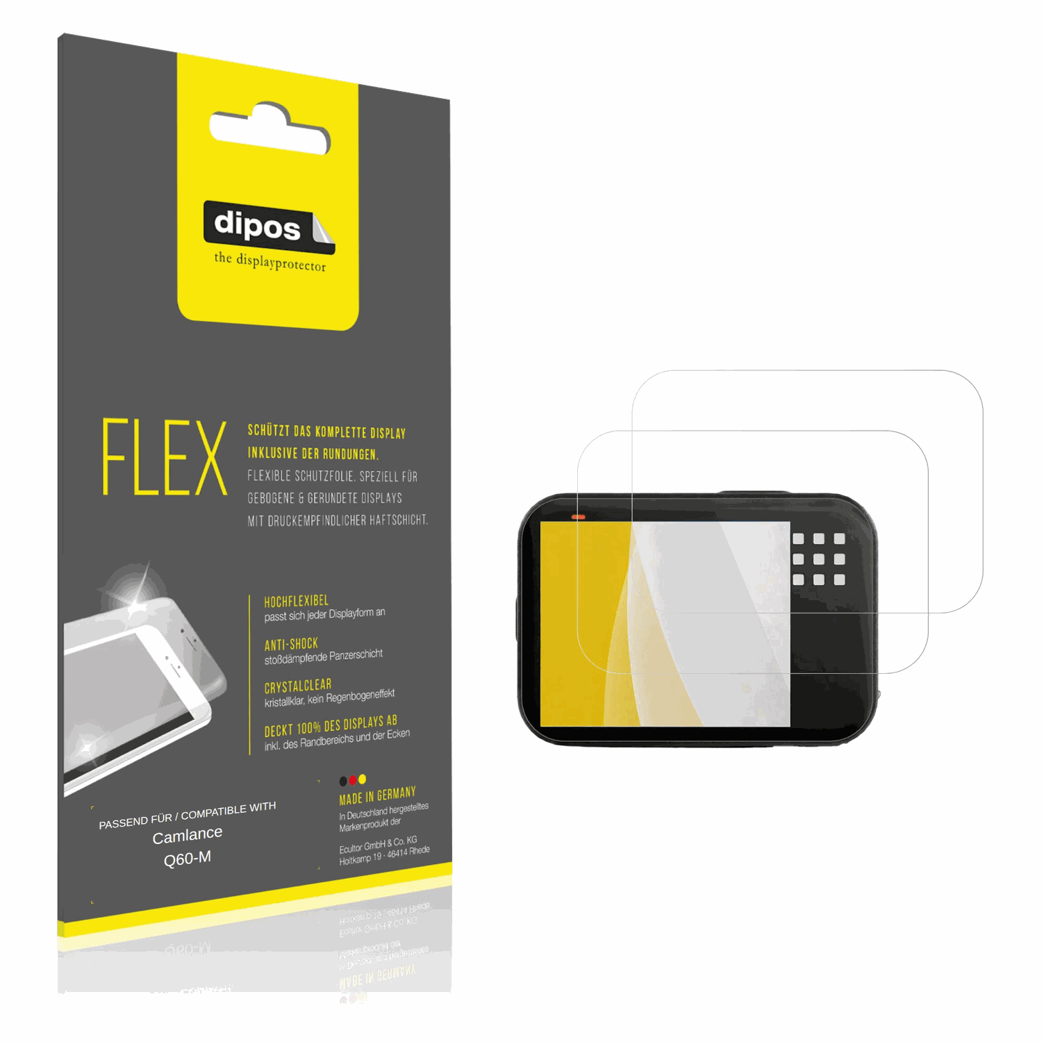 Klare Displayschutzfolie von dipos passend für Camlance Q60-M, 100% Displayabdeckung und blasenfreie Montage