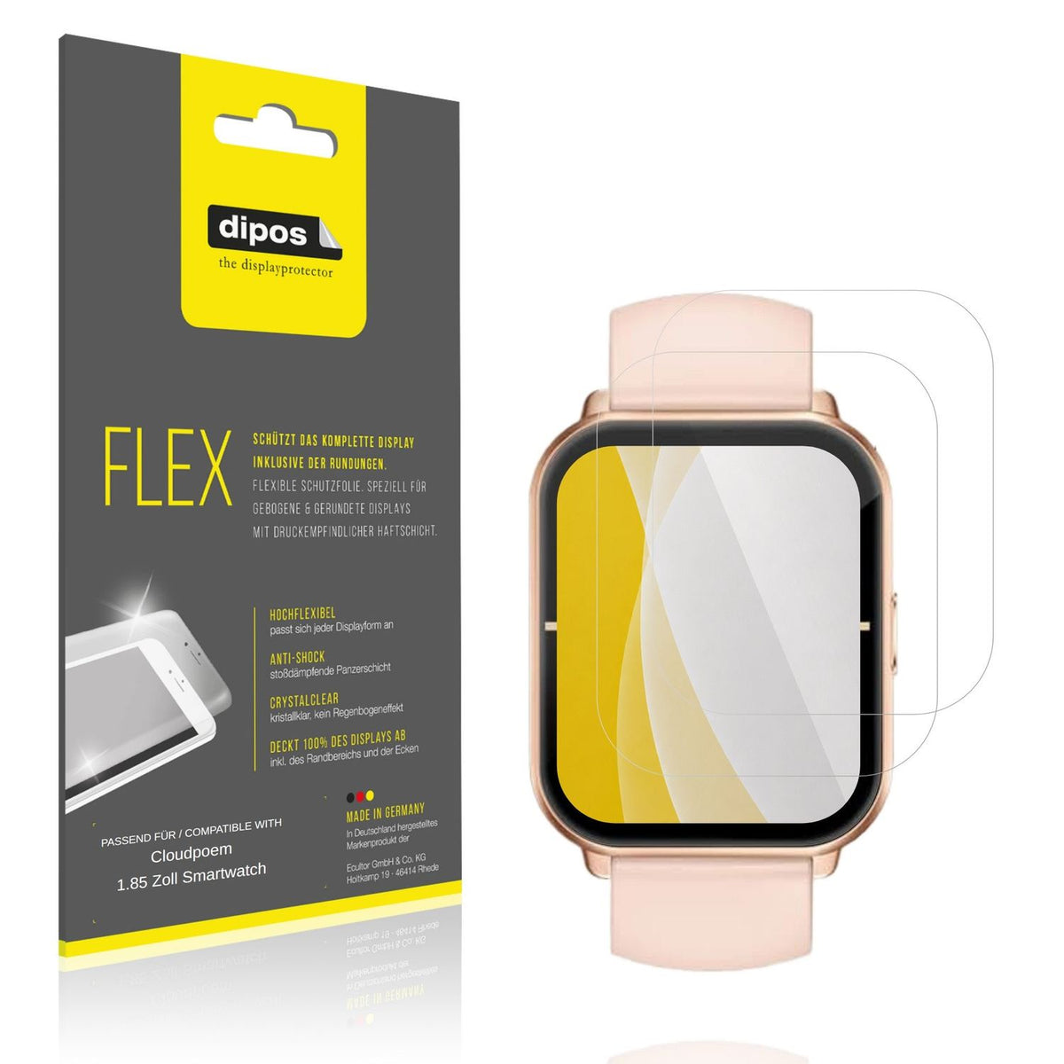 Klare Displayschutzfolie von dipos passend für Cloudpoem 1.85 Zoll Smartwatch, 100% Displayabdeckung und blasenfreie Montage