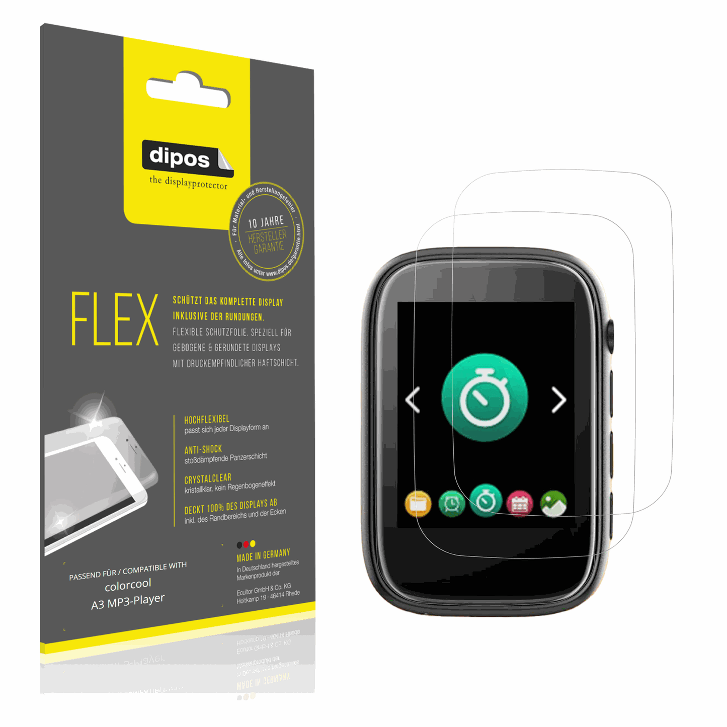 Klare Displayschutzfolie von dipos passend für colorcool A3 MP3-Player, 100% Displayabdeckung und blasenfreie Montage